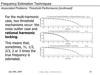 Frequency Estimation Techniques Associated Problems: Threshold Performance [continued] For the multi-harmonic case, two threshold mechanisms occur: the noise outlier case and  rational harmonic locking. This means that, sometimes, ½, 1/3, 2/3, 2 or 3 times the true frequency is estimated. 