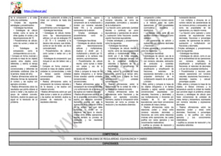 https://educar.pe/
de la comparación y el orden
entre dos cantidades.
• Emplea las siguientes
estrategias y procedimientos:
• Estrategias heurísticas.
• Estrategias de cálculo
mental, como la suma de
cifras iguales, el conteo y las
descomposiciones del 10.
• Procedimientos de cálculo,
como las sumas y restas sin
canjes.
• Estrategias de
comparación, como la
correspondencia uno a uno.
• Compara en forma vivencial y
concreta la masa de los objetos
usando otros objetos como
referentes, y estima el tiempo
usando unidades
convencionales y referentes de
actividades cotidianas (días de
la semana, meses del año).
• Realiza afirmaciones sobre las
diferentes formas de representar
el número y las explica con
ejemplos concretos.
• Realiza afirmaciones sobre los
resultados que podría obtener al
sumar o restar y las explica con
apoyo de material concreto.
Asimismo, explica los pasos que
siguió en la resolución de un
problema.
de adición y sustracción, el doble y la
mitad, con números de hasta dos
cifras.
• Emplea estrategias y
procedimientos como los siguientes:
• Estrategias heurísticas.
• Estrategias de cálculo mental,
como las descomposiciones
aditivas o el uso de analogías (70
+ 20; 70 + 9, completar a la
decena más cercana, usar dobles,
sumar en vez de restar, uso de la
conmutatividad).
• Procedimientos de cálculo,
como sumas o restas con y sin
canjes.
• Estrategias de comparación, que
incluyen el uso del tablero cien y
otros.
• Compara en forma vivencial y
concreta la masa de objetos usando
unidades no convencionales, y mide
el tiempo usando unidades
convencionales (días, horarios
semanales).
• Realiza afirmaciones sobre la
comparación de números naturales y
de la decena, y las explica con
material concreto.
• Realiza afirmaciones sobre por qué
debe sumar o restar en un problema
y las explica; así también, explica su
proceso de resolución y los
resultados obtenidos
numérico (números, signos y
expresiones verbales) su
comprensión de la multiplicación y
división con números naturales
hasta 100, y la propiedad
conmutativa de la adición.
• Emplea estrategias y
procedimientos como los
siguientes:
• Estrategias heurísticas.
• Estrategias de cálculo mental,
como descomposiciones
aditivas y multiplicativas,
duplicar o dividir por 2,
multiplicación y división por 10,
completar a la centena más
cercana y aproximaciones.
• Procedimientos de cálculo
escrito, como sumas o restas
con canjes y uso de la
asociatividad.
• Mide y compara la masa de los
objetos (kilogramo) y el tiempo
(horas exactas) usando unidades
convencionales y no
convencionales.
• Realiza afirmaciones sobre la
comparación de números naturales
y la conformación de la centena, y
las explica con material concreto.
• Realiza afirmaciones sobre el uso
de la propiedad conmutativa y las
explica con ejemplos concretos.
Asimismo, explica por qué la
sustracción es la operación inversa
de la adición, por qué debe
multiplicar o dividir en un
problema, así como la relación
inversa entre ambas operaciones;
explica también su proceso de
resolución y los resultados
obtenidos.
• La multiplicación y división con
números naturales, así como las
propiedades conmutativa y asociativa
de la multiplicación.
• La fracción como parte-todo (cantidad
discreta o continua), así como
equivalencias y operaciones de adición
y sustracción entre fracciones usuales
usando fracciones equivalentes.
• Emplea estrategias y procedimientos
como los siguientes:
• Estrategias heurísticas.
• Estrategias de cálculo mental o
escrito, como las descomposiciones
aditivas y multiplicativas, doblar y
dividir por 2 de forma reiterada,
completar al millar más cercano, uso
de la propiedad distributiva,
redondeo a múltiplos de 10 y
amplificación y simplificación de
fracciones.
• Mide, estima y compara la masa
(kilogramo, gramo) y el tiempo (año,
hora, media hora y cuarto de hora)
seleccionando unidades
convencionales.
• Realiza afirmaciones sobre la
conformación de la unidad de millar y
las explica con material concreto.
• Realiza afirmaciones sobre las
equivalencias entre fracciones y las
explica con ejemplos concretos.
Asimismo, explica la comparación entre
fracciones, así como su proceso de
resolución y los resultados obtenidos.
comparación y orden.
• Los múltiplos de un número natural
y la relación entre las cuatro
operaciones y sus propiedades
(conmutativa, asociativa y
distributiva).
• La fracción como parte de una
cantidad discreta o continua y como
operador.
• Las operaciones de adición y
sustracción con números decimales
y fracciones.
• Emplea estrategias y procedimientos
como los siguientes:
• Estrategias heurísticas.
• Estrategias de cálculo: uso de la
reversibilidad de las operaciones
con números naturales, estimación
de productos y cocientes,
descomposición del dividendo,
amplificación y simplificación de
fracciones, redondeo de
expresiones decimales y uso de la
propiedad distributiva de la
multiplicación respecto de la adición
y división.
• Mide, estima y compara la masa de
los objetos (kilogramo) y el tiempo
(décadas y siglos) usando unidades
convencionales (expresadas con
naturales, fracciones y decimales); y
usa multiplicaciones o divisiones por
múltiplos de 10, así como
equivalencias, para hacer conversiones
de unidades de masa y tiempo.
• Realiza afirmaciones sobre las
relaciones (orden y otras) entre
números naturales, decimales y
fracciones; así como sobre relaciones
inversas entre operaciones, las cuales
justifica con varios ejemplos y sus
conocimientos matemáticos.
• Justifica su proceso de resolución y
los resultados obtenidos.
numeración decimal.
• Los múltiplos y divisores de un
número natural; las características de
los números primos y compuestos; así
como las propiedades de las
operaciones y su relación inversa.
• La fracción como operador y como
cociente; las equivalencias entre
decimales, fracciones o porcentajes
usuales; las operaciones de adición,
sustracción y multiplicación con
fracciones y decimales.
• Emplea estrategias y procedimientos
como los siguientes:
• Estrategias heurísticas.
• Estrategias de cálculo, como el uso
de la reversibilidad de las operaciones
con números naturales, la
amplificación y simplificación de
fracciones, el redondeo de decimales
y el uso de la propiedad distributiva.
• Procedimientos y recursos para
realizar operaciones con números
naturales, expresiones fraccionarias y
decimales exactos, y calcular
porcentajes usuales.
• Mide, estima y compara la masa de los
objetos, el tiempo (minutos) y la
temperatura usando la unidad de medida
que conviene según el problema; emplea
recursos y estrategias de cálculo para
hacer conversiones de unidades de
masa, tiempo y temperatura, expresadas
con números naturales y expresiones
decimales.
• Realiza afirmaciones sobre las
relaciones (orden y otras) entre
decimales, fracciones o porcentajes
usuales, y las justifica con varios
ejemplos y sus conocimientos
matemáticos.
• Justifica su proceso de resolución y los
resultados obtenidos.
COMPETENCIA
RESUELVE PROBLEMAS DE REGULARIDAD, EQUIVALENCIA Y CAMBIO
CAPACIDADES
 