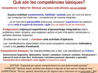 Què són les competències bàsiques?
Competència = Saber fer. Efectuar una tasca amb eficàcia, en un context
Suposa mobilitzar coneixements, habilitats i actituds (que són com els àtoms
que composen les molècules - competència) de manera integrada…
…en el marc de la personalitat (interessos, emocions) i experiència de cadascú i
sovint amb el suport de recursos i ajuts (no cal saber-ho tot de memòria)

S’adquireixen mitjançant experiències d’aprenentatge integradores sobre
problemes reals i propers, que exigeixen aplicar el què s’ha après i acostumen a
admetre diverses respostes
S’evidencien en l’acció i s’avaluen amb activitats d’aplicació.
Les manifestacions observables d’una acció competent s’anomenen indicadors;
s’usen a les pautes d’avaluació.
Competències bàsiques: les imprescindibles per a tots. Les classifiquem en 8 blocs
Comunicació lingüística. Matemàtica. Social i ciutadana. Cultural i artística. Coneixement i
interacció amb el món físic. Autonomia i iniciativa personal. Aprendre a aprendre.
Tractament de la informació i món digital (competència digital)

APTITUD: "Capacitat per operar competentment en una determinada activitat”
CAPACITAT: "Aptitud, talent, qualitat que disposa a algú per al bon exercici d'alguna cosa"
COMPETÈNCIA: "Perícia, aptitud, idoneïtat per fer alguna cosa o intervenir en un assumpte“ .RAE

 
