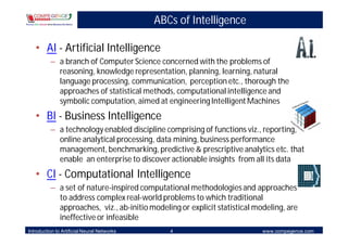 ABCs of Intelligence

   • AI - Artificial Intelligence
          – a branch of Computer Science concerned with the problems of
            reasoning, knowledge representation, planning, learning, natural
            language processing, communication, perception etc., thorough the
            approaches of statistical methods, computational intelligence and
            symbolic computation, aimed at engineering Intelligent Machines
   • BI - Business Intelligence
          – a technology enabled discipline comprising of functions viz., reporting,
            online analytical processing, data mining, business performance
            management, benchmarking, predictive & prescriptive analytics etc. that
            enable an enterprise to discover actionable insights from all its data
   • CI - Computational Intelligence
          – a set of nature-inspired computational methodologies and approaches
            to address complex real-world problems to which traditional
            approaches, viz., ab-initio modeling or explicit statistical modeling, are
            ineffective or infeasible
Introduction to Artificial Neural Networks      4                          www.compegence.com
 