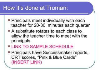 How it’s done at Truman: Principals meet individually with each teacher for 20-30  minutes each quarter A substitute rotates to each class to allow the teacher time to meet with the principals LINK TO SAMPLE SCHEDULE Principals have Successmaker reports, CRT scores, “Pink & Blue Cards”  (INSERT LINK) 