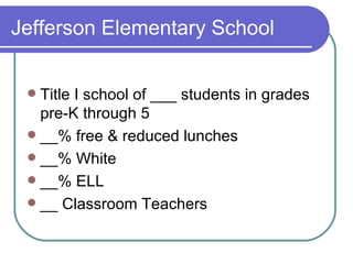 Jefferson Elementary School Title I school of ___ students in grades pre-K through 5 __% free & reduced lunches __% White __% ELL __ Classroom Teachers 