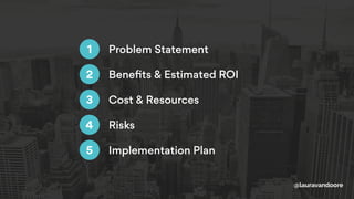 @lauravandoore
Problem Statement1
Beneﬁts & Estimated ROI
Cost & Resources
Risks
2
3
4
Implementation Plan5
 
