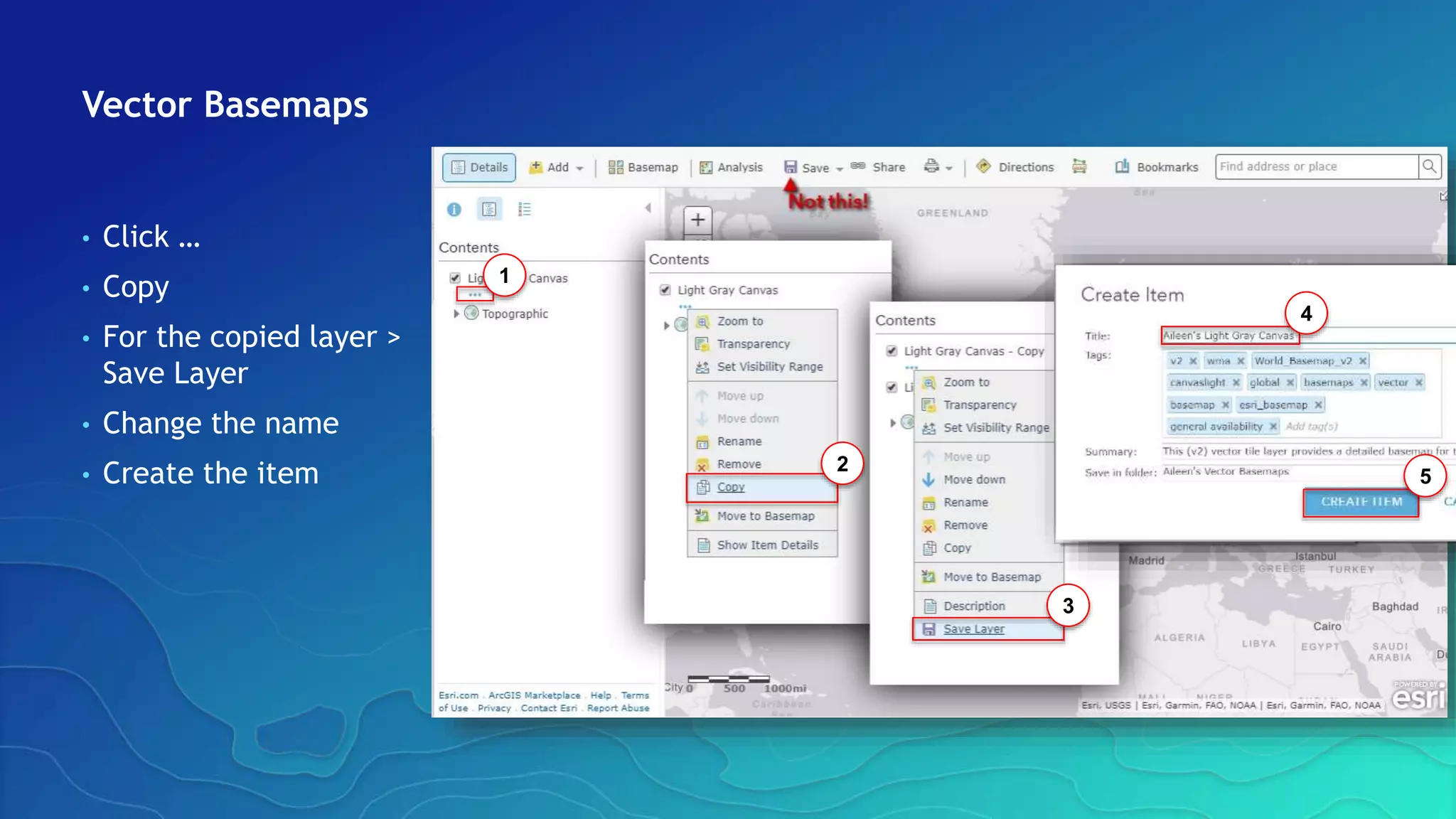 Vector Basemaps
• Click …
• Copy
• For the copied layer >
Save Layer
• Change the name
• Create the item
1
2
3
4
5
 