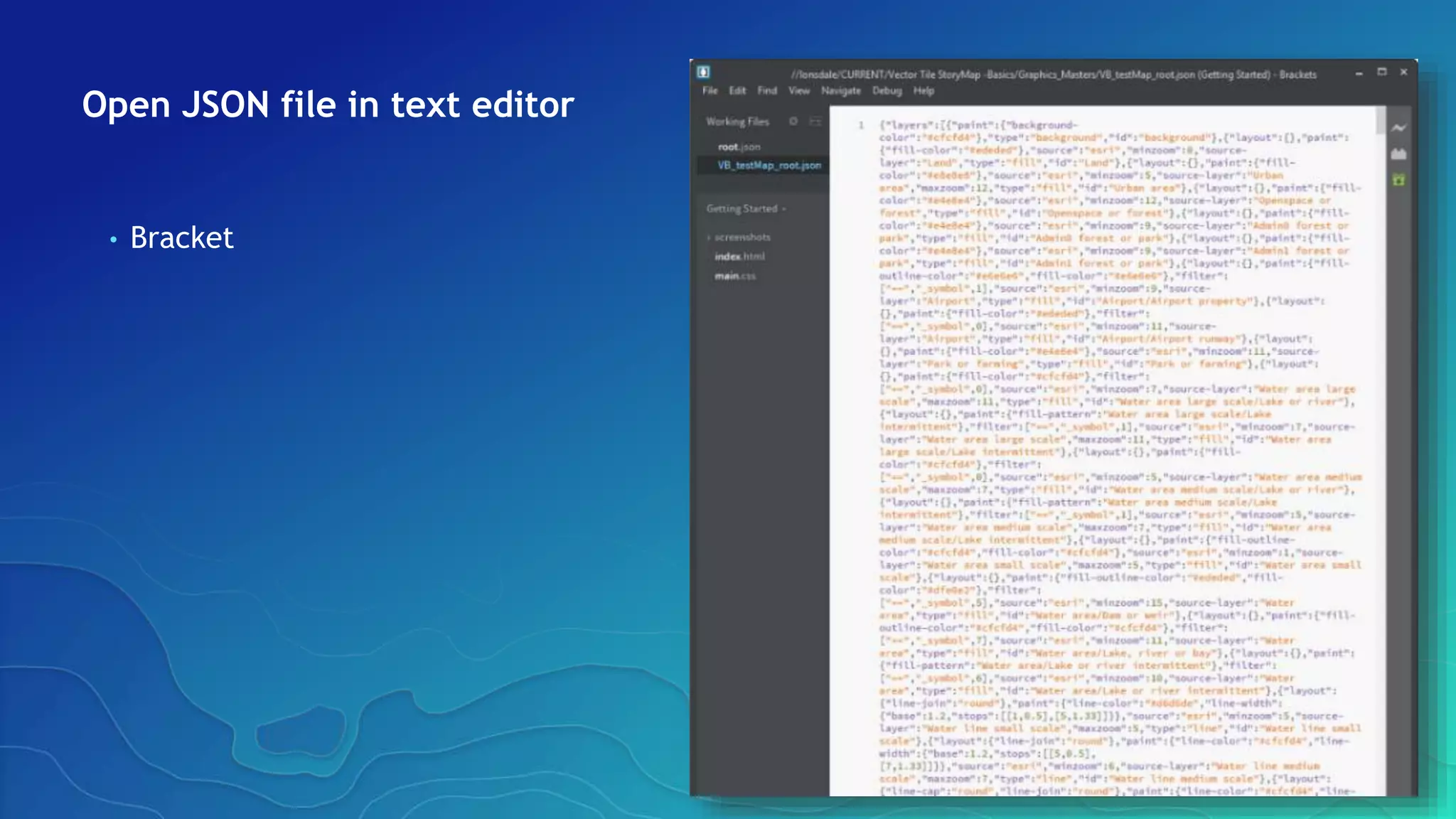 Open JSON file in text editor
• Bracket
 