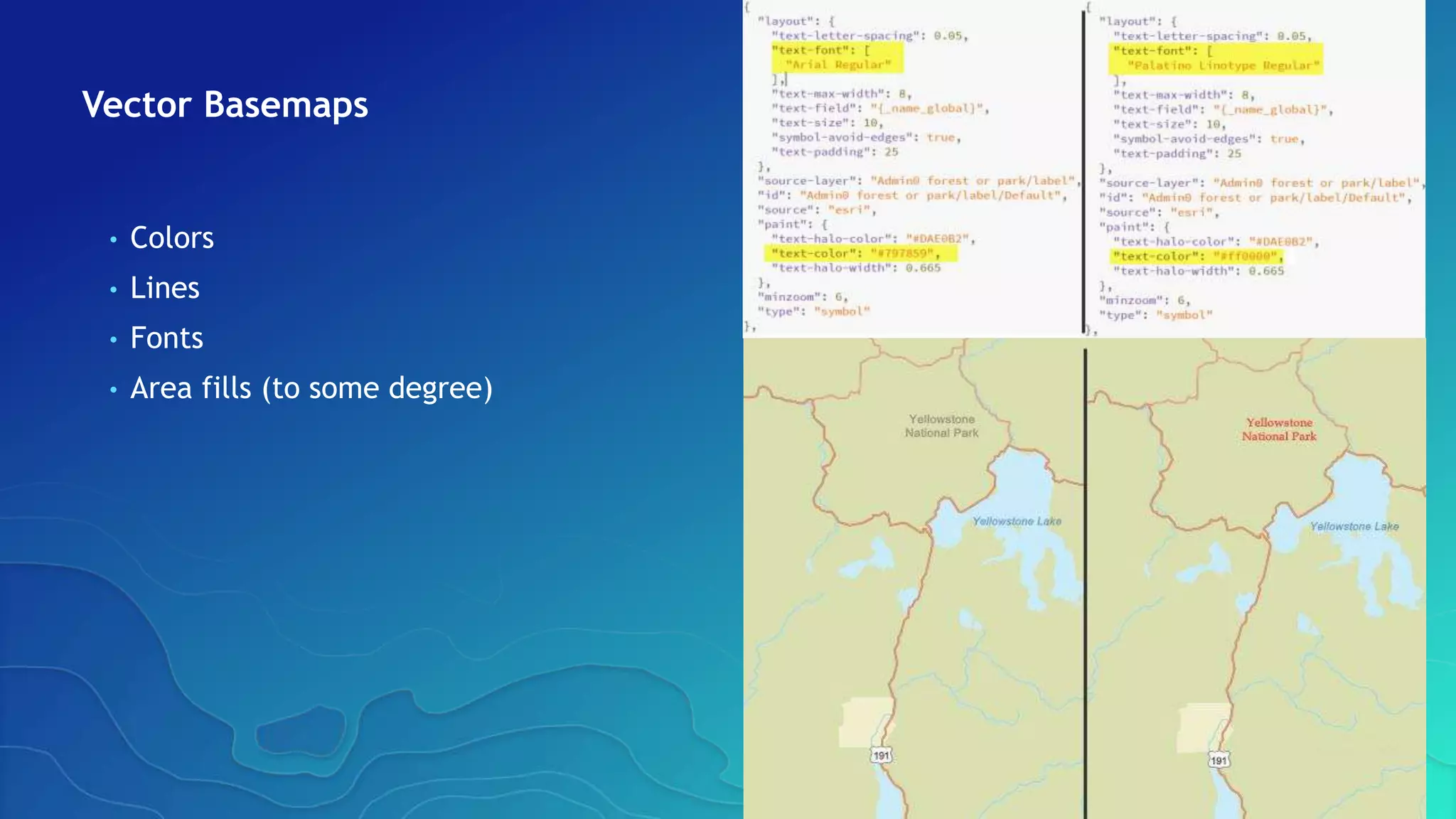 Vector Basemaps
• Colors
• Lines
• Fonts
• Area fills (to some degree)
 
