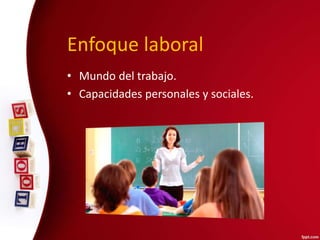 Enfoque laboral
• Mundo del trabajo.
• Capacidades personales y sociales.
 