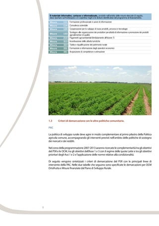 8
Misura 111 Formazione professionale e azioni di informazione
Misura 114 Consulenza aziendale
Misura 124 Cooperazione per lo sviluppo di nuovi prodotti, processi e tecnologie
Misura 133
attività di informazione e promozione dei prodottiSostegno alle organizzazioni dei produttori per
agroalimentari di qualità
Misura 214 Pagamenti agroambientali (limitatamente all’Azione 7)
Misura 313 Incentivazione delle attività turistiche
Misura 323 Tutela e riqualificazione del patrimonio rurale
Misura 331 Formazione e informazione degli operatori economici
Misura 341 Acquisizione di competenze e animazione
Il materiale informativo, cartaceo o informatizzato, prodotto nell’ambito delle misure elencate di seguito,
deve riportare sul frontespizio o in copertina i loghi e le diciture identificative del programma di finanziamento.
del Reg. (CE) n. 73/2009
D. M. 29/07/2009 di attuazione dell'art. 68 Demarcazione
A partire dai bandi emanati nell'annualità 2010, per la Romagnola razza pura i
capi oggetto dell’aiuto a titolo dell’art. 68 non saranno ammessi a sostegno
nell'ambito della Misura 214 - Azione 5, nella medesima annualità di competenza.
per vitello nato da vacche nutrici
pluripare (art. 3, comma 2)
per vitello nato da vacche nutrici
primipare (art. 3, comma 2)
Art. 3, comma 1
- Pagamenti ai detentori di
vacche nutrici delle razze da
carne ed a duplice attitudine
iscritte ai LG ed ai registri
anagrafici (All. 1 del D.M.)
Art. 3, comma 3, lett. b)
- Pagamenti a bovini di età superiore a 12 mesi e inferiore a 24
mesi al momento della macellazione, allevati presso le aziende
per un periodo non inferiore a 7 mesi prima della macellazione e
certificati ai sensi del Reg. (CE) n. 510/2006 o in conformità a
sistemi di qualità riconosciuti dal MiPAAF
Art. 4, lett. c)
- Macellazione capi certificati ai sensi del Reg. (CE) n. 510/2006
o ai sensi di sistemi di qualità riconosciutidal MiPAAF
Art. 5
- Pagamenti ai produttori che conducono aziende olivicole nel
rispetto di un disciplinare di produzione ai sensi del reg. (CE)
n. 510/2006 e ai produttori olivicoli che certificano prodotto
biologico ai sensi del reg. (CE) n. 834/2007
per vitello nato da vacche nutrici
a duplice attitudine
(art. 3, comma 2)
Per gli impegni in corso, assunti nelle annualità precedenti o nel periodo di
programmazione 2000-2006, i beneficiari della Misura 214 - Azione 5, non
possono aderire al sostegno previsto dall'art. 68.
A partire dai bandi emanati nell'annualità 2010, per le razze Bianca Val Padana e Otton
i capi oggetto dell’aiuto a titolo dell’art. 68 non saranno ammessi a sostegno nell'ambito de
Azione 5 nella medesima annualità di competenza.
Per gli impegni in corso, assunti nelle annualità precedenti o nel periodo di programmazion
beneficiari della Misura 214 - Azione 5, non possono aderire al sostegno previsto dall'art. 6
Nell'ambito della Misura 132 del PSR non saranno previsti interventi a favore dei detentori d
dell'aiuto di cui all'art. 68, sia per quanto riguarda le produzioni zootecniche QC di bovini di
pura e di razza Limousine e per le produzioni IGP Vitellone Bianco dell’Appennino Ce
Per l’annualità 2010, stante l'avvenuta attivazione del bando per la presentazione delle dom
alla Misura 132, i soggetti che hanno presentato domanda sul PSR possono rinunciare all’a
alla Misura 132 per richiedere gli aiuti previsti dall’art. 68. In ogni caso non è ammesso ade
contemporaneamente alle due iniziative.
Per l’annualità 2010, stante l'avvenuta attivazione del bando per la presentazione delle dom
Misura 132, i soggetti che hanno presentato domanda sul PSR possono rinunciare all’ades
per richiedere gli aiuti previsti dall’art. 68. In ogni caso non è ammissibile aderire contempo
iniziative.
Nell'ambito della Misura 132 del PSR non saranno previsti interventi a favore dei detentori d
dell'aiuto di cui all'art. 68 sia per quanto riguarda le produzioni zootecniche QC di carne di
Nell'ambito della Misura 132 del PSR non saranno previsti interventi per quanto riguarda l’O
DOP, Olio delle Colline di Romagna DOP e la produzione di olio Biologico.
Per l’annualità 2010, stante l'avvenuta attivazione del bando per la presentazione delle dom
alla Misura 132, i soggetti che hanno presentato domanda sul PSR possono rinunciare all’a
Misura 132 per richiedere gli aiuti previsti dall’art. 68. In ogni caso non è ammissibile aderi
neamente alle due iniziative.
SettoreBovinoSettore
OvicaprinoOliodioliva
1.3	 Criteri di demarcazione con le altre politiche comunitarie.
PAC
La politica di sviluppo rurale deve agire in modo complementare al primo pilastro della Politica
agricola comune, accompagnando gli interventi previsti nell’ambito delle politiche di sostegno
dei mercati e dei redditi.
Nelcorsodellaprogrammazione2007-2013sarannoricercatelecomplementaritàtragliobiettivi
del PSR e le OCM, tra gli obiettivi dell’Asse 1 e 3 con il regime delle quote Latte e tra gli obiettivi
prioritari degli Assi 1 e 2 e l’applicazione delle norme relative alla condizionalità.
Di seguito vengono sintetizzati i criteri di demarcazione del PSR con le principali linee di
intervento della PAC. Nelle due tabelle che seguono sono specificate le demarcazioni per OCM
Ortofrutta e Misure finanziate dal Piano di Sviluppo Rurale.
 