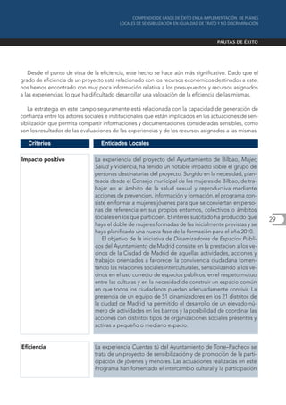 Desde el punto de vista de la eficiencia, este hecho se hace aún más significativo. Dado que el
grado de eficiencia de un proyecto está relacionado con los recursos económicos destinados a este,
nos hemos encontrado con muy poca información relativa a los presupuestos y recursos asignados
a las experiencias, lo que ha dificultado desarrollar una valoración de la eficiencia de las mismas.

   La estrategia en este campo seguramente está relacionada con la capacidad de generación de
confianza entre los actores sociales e institucionales que están implicados en las actuaciones de sen-
sibilización que permita compartir informaciones y documentaciones consideradas sensibles, como
son los resultados de las evaluaciones de las experiencias y de los recursos asignados a las mismas.

   Criterios                      Entidades Locales

Impacto positivo               La experiencia del proyecto del Ayuntamiento de Bilbao, Mujer,
                               Salud y Violencia, ha tenido un notable impacto sobre el grupo de
                               personas destinatarias del proyecto. Surgido en la necesidad, plan-
                               teada desde el Consejo municipal de las mujeres de Bilbao, de tra-
                               bajar en el ámbito de la salud sexual y reproductiva mediante
                               acciones de prevención, información y formación, el programa con-
                               siste en formar a mujeres jóvenes para que se conviertan en perso-
                               nas de referencia en sus propios entornos, colectivos o ámbitos
                               sociales en los que participen. El interés suscitado ha producido que     29
                               haya el doble de mujeres formadas de las inicialmente previstas y se
                               haya planificado una nueva fase de la formación para el año 2010.
                                   El objetivo de la iniciativa de Dinamizadores de Espacios Públi-
                               cos del Ayuntamiento de Madrid consiste en la prestación a los ve-
                               cinos de la Ciudad de Madrid de aquellas actividades, acciones y
                               trabajos orientados a favorecer la convivencia ciudadana fomen-
                               tando las relaciones sociales interculturales, sensibilizando a los ve-
                               cinos en el uso correcto de espacios públicos, en el respeto mutuo
                               entre las culturas y en la necesidad de construir un espacio común
                               en que todos los ciudadanos puedan adecuadamente convivir. La
                               presencia de un equipo de 51 dinamizadores en los 21 distritos de
                               la ciudad de Madrid ha permitido el desarrollo de un elevado nú-
                               mero de actividades en los barrios y la posibilidad de coordinar las
                               acciones con distintos tipos de organizaciones sociales presentes y
                               activas a pequeño o mediano espacio.


Eficiencia                     La experiencia Cuentas tú del Ayuntamiento de Torre–Pacheco se
                               trata de un proyecto de sensibilización y de promoción de la parti-
                               cipación de jóvenes y menores. Las actuaciones realizadas en este
                               Programa han fomentado el intercambio cultural y la participación
 