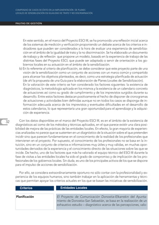 En este sentido, en el marco del Proyecto ESCI III, se ha promovido una reflexión inicial acerca
          de los sistemas de medición y verificación proponiendo un debate acerca de los criterios e in-
          dicadores que pueden ser considerados a la hora de evaluar una experiencia de sensibiliza-
          ción en el ámbito de la igualdad de trato y la no discriminación. Se ha elaborado un documento
          de trabajo y de reflexión que propone un modelo, basado en la experiencia de trabajo de las
          distintas fases del Proyecto ESCI, que puede ser adaptado o servir de orientación a los go-
          biernos locales en su actuación en el ámbito de la sensibilización.
       b) En lo referente al criterio de planificación, se debe considerar que este proyecto parte de una
          visión de la sensibilización como un conjunto de acciones con un marco común y compartido
          para alcanzar los objetivos planteados, es decir, como una estrategia planificada de actuación
          (de ahí la propuesta de una Guía para la elaboración de Planes Locales de Sensibilización).
          En la valoración de este criterio se han considerado los factores siguientes: la existencia de
          diagnósticos, la metodología aplicada en los mismos y la existencia de un calendario concreto
          de actuaciones así como su grado de cumplimiento y de los imprevistos surgidos durante su
          desarrollo. Entre estos factores destacan positivamente el hecho de disponer de cronogramas
          de actuaciones y actividades bien definidas aunque no en todos los casos se disponga de in-
          formación adecuada acerca de los imprevistos y eventuales dificultades en el desarrollo de
          estos calendarios, lo que representaría una gran oportunidad para el aprendizaje y la adquisi-
          ción de experiencia.

32       Con los datos disponibles en el marco del Proyecto ESCI III, es en el ámbito de la existencia de
     diagnósticos así como de los métodos y técnicas aplicados, en el que parece existir una clara posi-
     bilidad de mejora de las prácticas de las entidades locales. En efecto, la gran mayoría de experien-
     cias analizadas no parece que se sustenten en un diagnóstico de la situación sobre el que pretenden
     incidir sino que parecen fundamentarse en el conocimiento de la realidad de los profesionales que
     intervienen en el proyecto. Por supuesto, el conocimiento de los profesionales no se basa en la in-
     tuición, sino en un conjunto de criterios e informaciones muy útiles y muy válidas, en muchas opor-
     tunidades derivados de la experiencia y el conocimiento directo de las situaciones sobre las que se
     incide. De hecho, uno de los factores que más ha valorado el equipo técnico del ESCI III durante la
     fase de visitas a las entidades locales ha sido el grado de compromiso y de implicación de los pro-
     fesionales de los gobiernos locales. Sin duda, es uno de los principales activos de los que se dispone
     para el impulso de acciones de sensibilización.

        Por ello, se considera extraordinariamente oportuno no sólo contar con la profesionalidad y ex-
     periencia de los equipos humanos, sino también trabajar en la aplicación de herramientas y técni-
     cas que permitan apoyar los criterios actuales en los que se basan las iniciativas de sensibilización.

        Criterios                      Entidades Locales

     Planificación                  El Proyecto de Comunicación Donostia–Elkarrekin del Ayunta-
                                    miento de Donostia–San Sebastián, se basa en la realización de un
                                    exhaustivo estudio – diagnóstico acerca de las percepciones, valo-
 