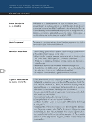 Breve descripción       llado entre el 25 de septiembre y el 5 de octubre de 2010.
     de la iniciativa        Se cuenta con la participación de los distintos colectivos de inmi-
                             grantes y el resto de la población del municipio de la ciudad. Esta ac-
                             tuación forma parte del I Plan Municipal para la Integración de la
                             población Inmigrante (2005-2008), y además ha sido incorporada a la
                             planificación anual en inmigración en el año 2009.


     Objetivo general        Favorecer la convivencia intercultural desde una perspectiva lúdica,
                             participativa y de sensibilización social.


     Objetivos específicos   1- Descubrir y apreciar la riqueza de los distintos grupos humanos.
                             2- Considerar la diversidad como valor.
                             3- Comprender, respetar y valorar las características de otras cultu-
                                ras como forma de adaptación a contextos diferentes.
                             4- Propiciar el respeto y el diálogo entre personas de distintas na-
                                cionalidades.
                             5- Establecer espacios de encuentro entre distintos grupos.
                             6- Sensibilizar a la población en general de los aportes culturales,
60                              sociales, económicos, etc. de la interculturalidad.
                             7- Compartir conocimientos y generar buenas prácticas.


     Agentes implicados en   - Área de Bienestar Social, Empleo y Familia del Ayuntamiento de
     su puesta en marcha       Valladolid. La gestión recae en el Servicio Municipal de Acción So-
                               cial, del que depende el Centro de Atención al Inmigrante; su
                               equipo técnico es el responsable de la ejecución de la planifica-
                               ción municipal en materia de inmigración y convivencia.
                             - Servicio de Acción Social, programa de iniciativas juveniles, Insti-
                               tuto Municipal de Empleo.
                             - Concejalía de Cultura, Comercio y Turismo.
                             - Concejalía Especial de Participación Ciudadana.
                             - Junta de Castilla y León; cofinancia con el Ministerio de Trabajo
                               e Inmigración.
                             - Otros agentes implicados: Asociaciones de inmigrantes de la ciu-
                               dad, Organizaciones sociales (ONGs, Sindicatos…),Organizaciones
                               Culturales (Casa de la India, Fundación de la Lengua Española, Cen-
                               tro cultural chino, músicos, compañías teatrales,…). Centros edu-
                               cativos. Centros de personas mayores, Centros cívicos, Bibliotecas
                               municipales...
 