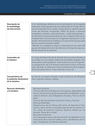 Descripción de              En la metodología utilizada prima la participación de los agentes
la metodología              implicados: las programaciones son presentadas al Consejo de Per-
de intervención             sonas Inmigrantes de la ciudad, donde distintos agentes (asocia-
                            ciones de personas inmigrantes, ONGs de apoyo a personas
                            inmigrantes, sindicatos, administraciones…) están representados.
                            Se mantienen reuniones periódicas de cara a preparar distintas ac-
                            tividades dentro de la semana con los agentes implicados en su de-
                            sarrollo, retroalimentando el diálogo e incorporando las propuestas
                            técnica y económicamente viables.
                             Además, en su gestión se sigue la sistematización por parte del
                            equipo de trabajo del Centro de Atención al Inmigrante responsa-
                            ble del impulso de la actuación.


Contenidos de               A lo largo del desarrollo de las distintas Semanas Interculturales se
la iniciativa               ha contado con una amplia muestra de actividades dirigidas a dis-
                            tintos sectores de la población, tanto autóctona como inmigrante.
                            La programación de la VI Semana Intercultural incluye conciertos,
                            rutas culturales, la celebración de los bicentenarios de la indepen-
                            dencia de países latinos, mesas redondas cívicas, etc.
                                                                                                      61
Características de          Se trata de un proyecto dirigido a toda la población de Valladolid:
la población destinataria   niños, mayores, jóvenes y adultos.
de la iniciativa


Recursos destinados          - Recursos Humanos:
a la iniciativa                Técnicos del Centro de Atención al Inmigrante, dependiente del
                               Servicio de Acción Social del Ayuntamiento de Valladolid. (Licen-
                               ciada en Derecho, Dos Trabajadoras Sociales y Técnico de Em-
                               pleo).
                               Técnicos del Ayuntamiento (Juventud, Cultura y Turismo).
                             - Recursos Materiales:
                               Infraestructura de las oficinas del Centro de Atención al Inmi-
                               grante y otros recintos municipales (salones de los centros cívi-
                               cos, centro de personas mayores). Espacios cedidos por las
                               escuelas. Plazas de la ciudad.
                             - Recursos Económicos:
                               Con presupuesto propio del Ayuntamiento de Valladolid y la co-
                               financiación de la Junta de Castilla y León y del Ministerio de Tra-
                               bajo e Inmigración, en distintas ediciones.
 