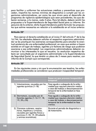 144
D.S.Nº109
144
para facilitar y uniformar las actuaciones médicas y preventivas que pro-
cedan, impartirá las normas mínimas de diagnóstico a cumplir por los or-
ganismos administradores, así como las que sirvan para el desarrollo de
programas de vigilancia epidemiológica que sean procedentes, las que de-
berán revisarse, a lo menos, cada 3 años. Para tal efecto, deberá remitir las
propuestas a la Superintendencia de Seguridad Social para su informe. Sin
perjuicio de lo anterior, dicha Superintendencia podrá formular las propues-
tas que estime necesarias en relación a lo establecido en el inciso anterior.
Artículo 22°
Para ejercer el derecho establecido en el inciso 3° del artículo 7° de la ley
16.744, los afectados deberán solicitar al respectivo organismo administra-
dor se les practiquen los exámenes correspondientes para estudiar la even-
tual existencia de una enfermedad profesional, en caso que existan o hayan
existido en el lugar de trabajo, agentes y/o factores de riesgo que pudieran
asociarse a esa enfermedad. Los organismos administradores deberán co-
municar a los interesados lo que se resuelva. La resolución respectiva de-
berá ser consultada por el organismo administrador a la Superintendencia
de Seguridad Social, la que tendrá un plazo de 3 meses para resolver, con
informe de la Compin que corresponda.
Artículo 23°
En los siguientes casos y sin que la enumeración sea taxativa, las enfer-
medades profesionales se consideran que producen incapacidad temporal:
Enfermedades
Casos en que provoca incapacidad
temporal
1) Intoxicaciones, causadas por los
agentes químicos (1-18)
Fase aguda o subaguda de la enfer-
medad que requiere atención médica
o cese del trabajo o descompensación
temporal de la enfermedad en fase
crónica.
2) Dermatosis, causadas por di-
ferentes agentes (1-16-17, 18,
19, 20 y 26)
Fase aguda o subaguda de la enfer-
medad que requiere atención médica
o cese del trabajo o descompensación
temporal de la enfermedad en fase
crónica.
3) Cánceres cutáneos, respira-
torios, hepáticos y urinarios,
causados por agentes físicos y
químicos (1-18, 19, 20 asbesto
y aminas aromáticas).
Durante el período de diagnóstico o
de tratamiento.
 
