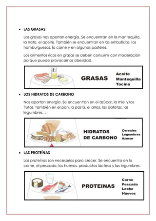 LAS GRASAS
Las grasas nos aportan energía. Se encuentran en la mantequilla,
la nata, el aceite. También se encuentran en los embutidos, las
hamburguesas, la carne y en algunos pasteles.
Los alimentos ricos en grasas se deben consumir con moderación
porque puede provocarnos obesidad.
LOS HIDRATOS DE CARBONO
Nos aportan energía. Se encuentran en el azúcar, la miel y las
frutas. También en el pan, la pasta, el arroz, las patatas, las
legumbres…
LAS PROTEÍNAS
Las proteínas son necesarias para crecer. Se encuentra en la
carne, el pescado, los huevos, productos lácteos y las legumbres.
 