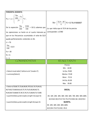 PERCENTIL OCHENTA
P70 = C
fo
Fa
n
Li *100
70













 .
De la expresión
100
70n
=
100
3290
= 32.9, sabemos que
las operaciones se harán en el cuarto intervalo ya
que en las frecuencias acumuladas el valor de 32,9
queda perfectamente contenido en 36.
Li = 76
100
70n
= 32.9
Fa = 30
fo = 6
C = 5
76+ 




 
6
309,32
*5 = $ 78,41666667
Lo que indica que el 70 % de los precios
corresponden a $780
COMANDOS EN R
> Datos1=read.table("cafeteria.txt",header=T)
> summary(Datos1)
RESULTADOS
Precios
Min. :62.00
1st Qu.:70.00
Median :75.00
Mean :75.53
3rd Qu.:81.00
Max. :95.00
> Datos=c(70,86,75,72,66,90,85,7072,81,70,75,84,62,
66,74,82,75,68,83,81,65,75,70,73,65,82,80,66,73,
95,85,84,75,68,80,75,78,72,78,73,72,68,84,75,72,80)
> quantile(Datos,prob=seq(0,1,length=11),type=5)
> quantile(Datos,prob=seq(0,1,length=6),type=5)
DECIL
0% 10% 20% 30% 40% 50% 60% 70% 80% 90% 100%
62.0 66.0 69.8 72.0 73.0 75.0 75.0 80.0 82.1 84.8 95.0
QUINTIL
0% 20% 40% 60% 80% 100%
62.0 69.8 73.0 75.0 82.1 95.0
 