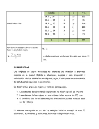 SUBMUESTRAS
Una empresa de juegos mecánicos ha extendido una invitación a diferentes
colegios de la ciudad. Debido a situaciones técnicas y para protección y
satisfacción de los estudiantes en algunos juegos, La empresa hace descuentos
del 50% bajo los siguientes requerimientos
Se deben formar grupos de mujeres y hombres por separado.
1. Las estaturas de los hombres en promedio no deben superar los 170 cms
2. Las estaturas de las mujeres en promedio no deben superar los 165 cms
3. El promedio total de las estaturas para todos los estudiantes invitados debe
ser de 168 cms
Un docente encargado en uno de los colegios invitados escogió al azar 50
estudiantes, 30 hombres, y 20 mujeres, los datos se especifican abajo.
Construimoslatabla
Edades f xi f* xi
14.5 _ 16
16,5 _ 18
18,5 _ 20
20,5 _ 22
22.5 _ 24
24.5 _ 26
7
5
6
8
3
1
15
17
19
21
23
25
105
85
114
168
69
25
 30 566
Con losresultadosde latablaya se puede
hacer el cálculode la media.
X =
n
Xif )*(
X = 19
La edad promedio de los alumnos del grado once es de: 19
años.
 