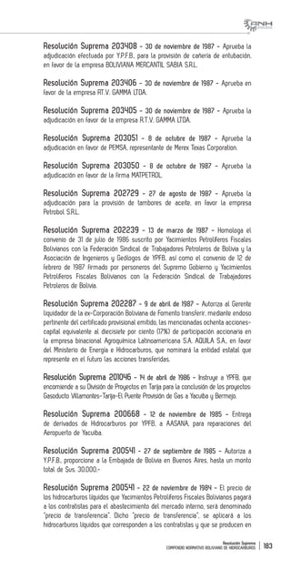 Resolución Suprema
COMPENDIO NORMATIVO BOLIVIANO DE HIDROCARBUROS 183
Resolución Suprema 203408 - 30 de noviembre de 1987 - Aprueba la
adjudicación efectuada por Y.P.F.B., para la provisión de cañería de entubación,
en favor de la empresa BOLIVIANA MERCANTIL SABIA S.R.L.
Resolución Suprema 203406 - 30 de noviembre de 1987 - Aprueba en
favor de la empresa RT.V. GAMMA LTDA.
Resolución Suprema 203405 - 30 de noviembre de 1987 - Aprueba la
adjudicación en favor de la empresa R.T.V. GAMMA LTDA.
Resolución Suprema 203051 - 8 de octubre de 1987 - Aprueba la
adjudicación en favor de PEMSA, representante de Merex Texas Corporation.
Resolución Suprema 203050 - 8 de octubre de 1987 - Aprueba la
adjudicación en favor de la firma MATPETROL.
Resolución Suprema 202729 - 27 de agosto de 1987 - Aprueba la
adjudicación para la provisión de tambores de aceite, en favor la empresa
Petrobol S.R.L.
Resolución Suprema 202239 - 13 de marzo de 1987 - Homologa el
convenio de 31 de julio de 1986 suscrito por Yacimientos Petrolíferos Fiscales
Bolivianos con la Federación Sindical de Trabajadores Petroleros de Bolivia y la
Asociación de Ingenieros y Geólogos de YPFB, así como el convenio de 12 de
febrero de 1987 firmado por personeros del Supremo Gobierno y Yacimientos
Petrolíferos Fiscales Bolivianos con la Federación Sindical de Trabajadores
Petroleros de Bolivia.
Resolución Suprema 202287 - 9 de abril de 1987 - Autoriza al Gerente
liquidador de la ex-Corporación Boliviana de Fomento transferir, mediante endoso
pertinente del certificado provisional emitido, las mencionadas ochenta acciones-
capital equivalente al diecisiete por ciento (17%) de participación accionaria en
la empresa binacional Agroquímica Latinoamericana S.A. AQUILA S.A., en favor
del Ministerio de Energía e Hidrocarburos, que nominará la entidad estatal que
represente en el futuro las acciones transferidas.
Resolución Suprema 201046 - 14 de abril de 1986 - Instruye a YPFB, que
encomiende a su División de Proyectos en Tarija para la conclusión de los proyectos:
Gasoducto Villamontes-Tarija-El Puente Provisión de Gas a Yacuiba y Bermejo.
Resolución Suprema 200668 - 12 de noviembre de 1985 - Entrega
de derivados de Hidrocarburos por YPFB, a AASANA, para reparaciones del
Aeropuerto de Yacuiba.
Resolución Suprema 200541 - 27 de septiembre de 1985 - Autoriza a
Y.P.F.B., proporcione a la Embajada de Bolivia en Buenos Aires, hasta un monto
total de $us. 30.000.-
Resolución Suprema 200541 - 22 de noviembre de 1984 - El precio de
los hidrocarburos líquidos que Yacimientos Petrolíferos Fiscales Bolivianos pagará
a los contratistas para el abastecimiento del mercado interno, será denominado
“precio de transferencia”. Dicho “precio de transferencia”, se aplicará a los
hidrocarburos líquidos que corresponden a los contratistas y que se producen en
 
