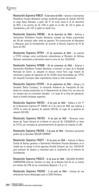 Resolución Suprema
COMPENDIO NORMATIVO BOLIVIANO DE HIDROCARBUROS200
Resolución Suprema 148631 - 15 de enero de 1969 - Autoriza a Yacimientos
Petrolíferos Fiscales Bolivianos, prosiga vendiendo gasolina de aviación 100/130
al Lloyd Aéreo Boliviano, a partir del 1° de enero hasta el 31 de diciembre
de 1969, a los precios de $b. 4.2% el galón en La Paz, $b. 4.61 el galón en
Cochabamba y $b. 4.97 el galón en Santa Cruz.
Resolución Suprema 148586 - 26 de diciembre de 1968 - Autoriza a
Yacimientos Petrolíferos Fiscales Bolivianos, entregar los fondos provenientes
del 2% del impuesto sobre venta de gasolina “Pro-construcción de Mausoleos
y Albergues para Ex-combatientes, de acuerdo al Decreto Supremo de 24 de
enero de 1957.
Resolución Suprema 147914 - 27 de noviembre de 1968 - Se autoriza
a Y.P.F.B. entregar como contribución extraordinaria al Ministerio de Defensa
Nacional, carburantes y lubricantes hasta la suma de $us. 150.000.00.
Resolución Suprema 147888 - 20 de noviembre de 1968 - Autoriza a
Yacimientos Petrolíferos Fiscales Bolivianos a transferir en favor de la Alcaldía
Municipal de Camiri, un volquete en desuso, marca Ford, cuyo importe de
evaluación y gastos de reparación de $b. 20.000 serán descontados por Y.P.F.B.
del impuesto municipal sobre espectáculos, hasta su total cancelación.
Resolución Suprema 147245 - 10 de septiembre de 1968 - Otorga a la
Sociedad “Bolsur Company”, la concesión Autónoma de Transportes de Gas,
desde los campos productores en el Departamento de Santa Cruz, así como de
los campos que se encuentran ubicados a lo largo de la línea del gasoducto,
hasta la frontera boliviano-argentina.
Resolución Suprema 146763 - 31 de julio de 1968 - Ratifica el Art. 1°
de la Resolución Suprema N° 144683, de 6 de marzo de 1968, que autoriza a
Y.P.F.B. la venta de gasolina de aviación 100/130, en lugar de la gasolina de
aviación 100/300.
Resolución Suprema 146759 - 31 de julio de 1968 - Reconoce como
deuda del Tesoro General de la Nación la suma de $b. 2.878.684.29, en favor
de Y.P.F.B., por concepto de aprovisionamiento de gasolina de aviación al LAB.
Resolución Suprema 146258 - 11 de julio de 1968 - Reconoce personería
jurídica de la Sociedad “BOLSUR COMPANY”.
Resolución Suprema 145671 - 19 de junio de 1968 - Autoriza al Banco
Central de Bolivia, garantice a Yacimientos Petrolíferos Fiscales Bolivianos, en el
crédito que le otorga la firma japonesa Oriental Eximport, por $us. 340.504.97,
para provisión de equipos y materiales para la ampliación de la refinería de
Cochabamba.
Resolución Suprema 145633 - 12 de junio de 1968 - BOLIVIAN ATLANTIC
CORPORATION Autoriza Transferir en favor de la Bolivian Gulf Oil Co. un interés
pro indiviso del 50% de las concesiones Bolpecor 1-2 y 1-3.
Resolución Suprema 145599 - 5 de junio de 1968 - Compra de una
ambulancia marca Wolkswagen para la CNSS Petrolera.
 