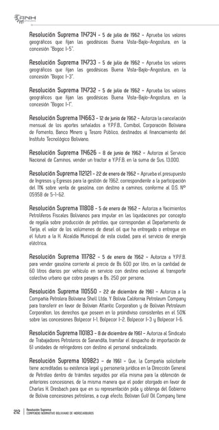 Resolución Suprema
COMPENDIO NORMATIVO BOLIVIANO DE HIDROCARBUROS212
Resolución Suprema 114734 - 5 de julio de 1962 - Aprueba los valores
geográficos que fijan las geodésicas Buena Vista-Bajío-Angostura, en la
concesión “Bogoc I-5”.
Resolución Suprema 114733 - 5 de julio de 1962 - Aprueba los valores
geográficos que fijan las geodésicas Buena Vista-Bajío-Angostura, en la
concesión “Bogoc I-3”.
Resolución Suprema 114732 - 5 de julio de 1962 - Aprueba los valores
geográficos que fijan las geodésicas Buena Vista-Bajío-Angostura, en la
concesión “Bogoc I-1”.
Resolución Suprema 114663 - 12 de junio de 1962 - Autoriza la cancelación
mensual de los aportes señalados a Y.P.F.B., Comibol, Corporación Boliviana
de Fomento, Banco Minero y Tesoro Público, destinados al financiamiento del
Instituto Tecnológico Boliviano.
Resolución Suprema 114626 - 8 de junio de 1962 - Autoriza al Servicio
Nacional de Caminos, vender un tractor a Y.P.F.B. en la suma de $us. 13.000.
Resolución Suprema 112121 - 22 de enero de 1962 - Aprueba el presupuesto
de Ingresos y Egresos para la gestión de 1962, correspondiente a la participación
del 11% sobre venta de gasolina, con destino a caminos, conforme al D.S. N°
05958 de 5-1-62.
Resolución Suprema 111808 - 5 de enero de 1962 - Autoriza a Yacimientos
Petrolíferos Fiscales Bolivianos para imputar en las liquidaciones por concepto
de regalía sobre producción de petróleo, que correspondan al Departamento de
Tarija, el valor de los volúmenes de diesel oil que ha entregado o entregue en
el futuro a la H. Alcaldía Municipal de esta ciudad, para el servicio de energía
eléctrica.
Resolución Suprema 111782 - 5 de enero de 1962 - Autoriza a Y.P.F.B.
para vender gasolina corriente al precio de Bs 600 por litro, en la cantidad de
60 litros diarios por vehículo en servicio con destino exclusivo al transporte
colectivo urbano que cobra pasajes a Bs. 250 por persona.
Resolución Suprema 110550 - 22 de diciembre de 1961 - Autoriza a la
Compañía Petrolera Boliviana Shell Ltda. Y Bolivia California Petroleum Company
para transferir en favor de Bolivian Atlantic Corporation y de Bolivian Petroleum
Corporation, los derechos que poseen en lo proindiviso consistentes en el 50%
sobre las concesiones Bolpecor I-1, Bolpecor I-2, Bolpecor I-3 y Bolpecor I-6.
Resolución Suprema 110183 - 8 de diciembre de 1961 - Autoriza al Sindicato
de Trabajadores Petroleros de Sanandita, tramitar el despacho de importación de
61 unidades de refrigedores con destino al personal sindicalizado.
Resolución Suprema 109823 – de 1961 - Que, la Compañía solicitante
tiene acreditadas su existencia legal y personería jurídica en la Dirección General
de Petróleo dentro de trámites seguidos por ella misma para la obtención de
anteriores concesiones, de la misma manera que el poder otorgado en favor de
Charles H. Dresbach para que en su representación pida y obtenga del Gobierno
de Bolivia concesiones petroleras, a cuyo efecto, Bolivian Gulf Oil Company tiene
 