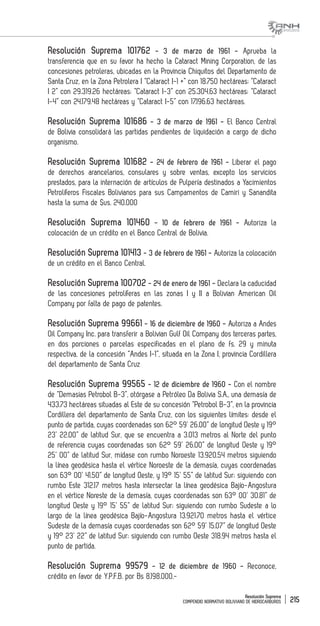 Resolución Suprema
COMPENDIO NORMATIVO BOLIVIANO DE HIDROCARBUROS 215
Resolución Suprema 101762 - 3 de marzo de 1961 - Aprueba la
transferencia que en su favor ha hecho la Cataract Mining Corporation, de las
concesiones petroleras, ubicadas en la Provincia Chiquitos del Departamento de
Santa Cruz, en la Zona Petrolera I “Cataract I-1 +” con 18.750 hectáreas; “Cataract
I 2” con 29.319.26 hectáreas; “Cataract I-3” con 25.304.63 hectáreas; “Cataract
I-4” con 24.179.48 hectáreas y “Cataract I-5” con 17.196.63 hectáreas.
Resolución Suprema 101686 - 3 de marzo de 1961 - El Banco Central
de Bolivia consolidará las partidas pendientes de liquidación a cargo de dicho
organismo.
Resolución Suprema 101682 - 24 de febrero de 1961 - Liberar el pago
de derechos arancelarios, consulares y sobre ventas, excepto los servicios
prestados, para la internación de artículos de Pulpería destinados a Yacimientos
Petrolíferos Fiscales Bolivianos para sus Campamentos de Camiri y Sanandita
hasta la suma de $us. 240.000
Resolución Suprema 101460 - 10 de febrero de 1961 - Autoriza la
colocación de un crédito en el Banco Central de Bolivia.
Resolución Suprema 101413 - 3 de febrero de 1961 - Autoriza la colocación
de un crédito en el Banco Central.
Resolución Suprema 100702 - 24 de enero de 1961 - Declara la caducidad
de las concesiones petrolíferas en las zonas I y II a Bolivian American Oil
Company por falta de pago de patentes.
Resolución Suprema 99661 - 16 de diciembre de 1960 - Autoriza a Andes
Oil Company Inc. para transferir a Bolivian Gulf Oil Company dos terceras partes,
en dos porciones o parcelas especificadas en el plano de fs. 29 y minuta
respectiva, de la concesión “Andes I-1”, situada en la Zona I, provincia Cordillera
del departamento de Santa Cruz
Resolución Suprema 99565 - 12 de diciembre de 1960 - Con el nombre
de “Demasias Petrobol B-3”, otórgase a Petróleo Da Bolivia S.A., una demasía de
433.73 hectáreas situadas al Este de su concesión “Petrobol B-3”, en la provincia
Cordillera del departamento de Santa Cruz, con los siguientes límites: desde el
punto de partida, cuyas coordenadas son 62° 59’ 26.00” de longitud Oeste y 19°
23’ 22.00” de latitud Sur, que se encuentra a 3.013 metros al Norte del punto
de referencia cuyas coordenadas son 62° 59’ 26.00” de longitud Oeste y 19°
25’ 00” de latitud Sur, mídase con rumbo Noroeste 13.920.54 metros siguiendo
la línea geodésica hasta el vértice Noroeste de la demasía, cuyas coordenadas
son 63° 00’ 41.50” de longitud Oeste, y 19° 15’ 55” de latitud Sur; siguiendo con
rumbo Este 312.17 metros hasta intersectar la línea geodésica Bajío-Angostura
en el vértice Noreste de la demasía, cuyas coordenadas son 63° 00’ 30.81” de
longitud Oeste y 19° 15’ 55” de latitud Sur; siguiendo con rumbo Sudeste a lo
largo de la línea geodésica Bajío-Angostura 13.921.70 metros hasta el vértice
Sudeste de la demasía cuyas coordenadas son 62° 59’ 15.07” de longitud Oeste
y 19° 23’ 22” de latitud Sur; siguiendo con rumbo Oeste 318.94 metros hasta el
punto de partida.
Resolución Suprema 99579 - 12 de diciembre de 1960 - Reconoce,
crédito en favor de Y.P.F.B. por Bs 8.198.000.-
 