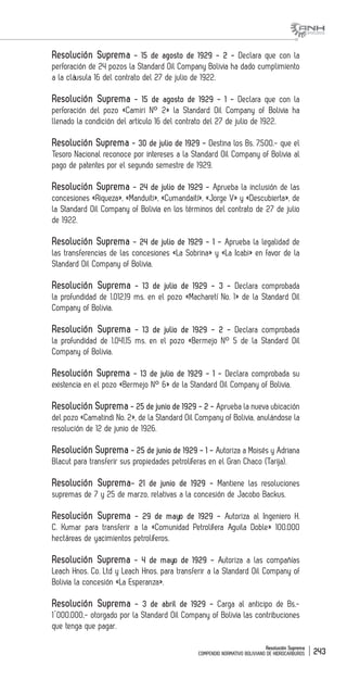 Resolución Suprema
COMPENDIO NORMATIVO BOLIVIANO DE HIDROCARBUROS 243
Resolución Suprema - 15 de agosto de 1929 - 2 - Declara que con la
perforación de 24 pozos la Standard Oil Company Bolivia ha dado cumplimiento
a la cláusula 16 del contrato del 27 de julio de 1922.
Resolución Suprema - 15 de agosto de 1929 - 1 - Declara que con la
perforación del pozo «Camiri N° 2» la Standard Oil Company of Bolivia ha
llenado la condición del artículo 16 del contrato del 27 de julio de 1922.
Resolución Suprema - 30 de julio de 1929 - Destina los Bs. 7.500.- que el
Tesoro Nacional reconoce por intereses a la Standard Oil Company of Bolivia al
pago de patentes por el segundo semestre de 1929.
Resolución Suprema - 24 de julio de 1929 - Aprueba la inclusión de las
concesiones «Riqueza», «Manduiti», «Cumandaití», «Jorge V» y «Descubierta», de
la Standard Oil Company of Bolivia en los términos del contrato de 27 de julio
de 1922.
Resolución Suprema - 24 de julio de 1929 - 1 - Aprueba la legalidad de
las transferencias de las concesiones «La Sobrina» y «La Icabi» en favor de la
Standard Oil Company of Bolivia.
Resolución Suprema - 13 de julio de 1929 - 3 - Declara comprobada
la profundidad de 1.012,19 ms. en el pozo «Macharetí No. 1» de la Standard Oil
Company of Bolivia.
Resolución Suprema - 13 de julio de 1929 - 2 - Declara comprobada
la profundidad de 1.041,15 ms. en el pozo «Bermejo N° 5 de la Standard Oil
Company of Bolivia.
Resolución Suprema - 13 de julio de 1929 - 1 - Declara comprobada su
existencia en el pozo «Bermejo N° 6» de la Standard Oil Company of Bolivia.
Resolución Suprema - 25 de junio de 1929 - 2 - Aprueba la nueva ubicación
del pozo «Camatindi No. 2», de la Standard Oil Company of Bolivia, anulándose la
resolución de 12 de junio de 1926.
Resolución Suprema - 25 de junio de 1929 - 1 - Autoriza a Moisés y Adriana
Blacut para transferir sus propiedades petrolíferas en el Gran Chaco (Tarija).
Resolución Suprema- 21 de junio de 1929 - Mantiene las resoluciones
supremas de 7 y 25 de marzo, relativas a la concesión de Jacobo Backus.
Resolución Suprema - 29 de mayo de 1929 - Autoriza al Ingeniero H.
C. Kumar para transferir a la «Comunidad Petrolífera Aguila Doble» 100.000
hectáreas de yacimientos petrolíferos.
Resolución Suprema - 4 de mayo de 1929 - Autoriza a las compañías
Leach Hnos. Co. Ltd y Leach Hnos. para transferir a la Standard Oil Company of
Bolivia la concesión «La Esperanza».
Resolución Suprema - 3 de abril de 1929 - Carga al anticipo de Bs.-
1´000.000,- otorgado por la Standard Oil Company of Bolivia las contribuciones
que tenga que pagar.
 