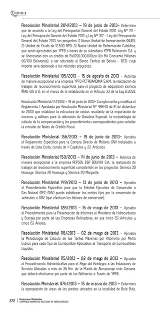 Resoluciones Ministeriales
COMPENDIO NORMATIVO BOLIVIANO DE HIDROCARBUROS272
Resolución Ministerial 204/2013 – 19 de junio de 2013- Determina
que de acuerdo a la Ley del Presupuesto General del Estado 2010, Ley N° 211 -
Ley del Presupuesto General del Estado 2012 y Ley N° 317 - Ley del Presupuesto
General del Estado 2013, los proyectos: 1) Nueva Unidad de Isomerización (NUIS);
2) Unidad de Crudo de 12,500 BPD; 3) Nueva Unidad de Reformación Catalítica,
que serán ejecutados por YPFB a través de su subsidiaria YPFB Refinación S.A. y
se financiarán con un crédito de Bs1.050.000.000,oo (Un Mil Cincuenta Millones
00/100 Bolivianos), a ser solicitado al Banco Central de Bolivia – BCB; cuyo
importe será destinado a los referidos proyectos.
Resolución Ministerial 195/2013 – 15 de agosto de 2013 – Autoriza
de manera excepcional a la empresa YPFB PETROANDINA S.A.M., la realización de
trabajos de reconocimiento superficial para el proyecto de adquisición sísmica
IÑAU 12G 2 D, en el marco de lo establecido en el Artículo 33 de la Ley B.3058.
Resolución Ministerial 177/2013 – 19 de junio de 2013- Complementa y modifica el
Reglamento ( Aprobado por Resolución Ministerial N° 489-10 de 21 de diciembre
de 2010) que establece la estructura de costos resultante de la importación de
insumos y aditivos para la obtención de Gasolina Especial, la metodología de
cálculo de la compensación y los procedimientos correspondientes para solicitar
la emisión de Notas de Crédito Fiscal.
Resolución Ministerial 156/2013 – 19 de junio de 2013- Aprueba
el Reglamento Específico para la Compra Directa de Motores GNV Instalados a
través de Lista Corta, consta de 4 Capítulos y 22 Artículos.
Resolución Ministerial 150/2013 – 14 de junio de 2013 – Autoriza de
manera excepcional a la empresa REPSOL E&P BOLIVIA S.A., la realización de
trabajos de reconocimiento superficial consistentes en los proyectos: Sísmica 3D
Huacaya, Sísmica 2D Huacaya y Sísmica 2D Margarita.
Resolución Ministerial 149/2013 – 13 de junio de 2013 – Aprueba
el Procedimiento Específico para que la Entidad Ejecutora de Conversión a
Gas Natural (EEC-GNV) pueda establecer los costos fijos por la conversión de
vehículos a GNV (que efectúan los talleres de conversión).
Resolución Ministerial 128/2013 – 15 de mayo de 2013 – Aprueba
el Procedimiento para la Presentación de Informes al Ministerio de Hidrocarburos
y Energía por parte de las Empresas Refinadoras, en sus cinco (5) Artículos y
cinco (5) Anexos.
Resolución Ministerial 116/2013 – 02 de mayo de 2013 – Aprueba
la Metodología de Cálculo de las Tarifas Máximas por Kilometro por Metro
Cubico para cada Tipo de Combustible Aplicables al Transporte de Combustibles
Líquidos.
Resolución Ministerial 115/2013 – 02 de mayo de 2013 – Aprueba
el Procedimiento Administrativo para el Pago del Reintegro a las Estaciones de
Servicio Ubicadas a más de 35 Km. de la Planta de Almacenaje más Cercana,
que deberá efectuarse por parte de las Refinerías a Través de YPFB.
Resolución Ministerial 076/2013 – 15 de marzo de 2013 – Determina
la expropiación de áreas de los predios ubicados en la localidad de Bulo Bulo,
 