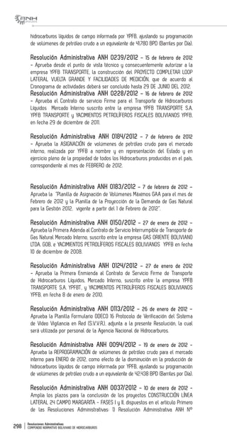 Resoluciones Administrativas
COMPENDIO NORMATIVO BOLIVIANO DE HIDROCARBUROS298
hidrocarburos líquidos de campo informada por YPFB, ajustando su programación
de volúmenes de petróleo crudo a un equivalente de 41.780 BPD (Barriles por Día).
Resolución Administrativa ANH 0239/2012 – 15 de febrero de 2012
- Aprueba desde el punto de vista técnico y consecuentemente autorizar a la
empresa YPFB TRANSPORTE, la construcción del PROYECTO COMPLETAR LOOP
LATERAL VUELTA GRANDE Y FACILIDADES DE MEDICIÓN, que de acuerdo al
Cronograma de actividades deberá ser concluido hasta 29 DE JUNIO DEL 2012.
Resolución Administrativa ANH 0228/2012 – 16 de febrero de 2012
- Aprueba el Contrato de servicio Firme para el Transporte de Hidrocarburos
Líquidos Mercado Interno suscrito entre la empresa YPFB TRANSPORTE S.A.
YPFB TRANSPORTE y YACIMIENTOS PETROLÍFEROS FISCALES BOLIVIANOS YPFB,
en fecha 29 de diciembre de 2011.
Resolución Administrativa ANH 0184/2012 – 7 de febrero de 2012
- Aprueba la ASIGNACIÓN de volúmenes de petróleo crudo para el mercado
interno, realizada por YPFB a nombre y en representación del Estado y en
ejercicio pleno de la propiedad de todos los Hidrocarburos producidos en el país,
correspondiente al mes de FEBRERO de 2012.
Resolución Administrativa ANH 0183/2012 – 7 de febrero de 2012 –
Aprueba la “Planilla de Asignación de Volúmenes Máximos GAA para el mes de
Febrero de 2012 y la Planilla de la Proyección de la Demanda de Gas Natural
para la Gestión 2012, vigente a partir del 1 de Febrero de 2012”.
Resolución Administrativa ANH 0150/2012 – 27 de enero de 2012 –
Aprueba la Primera Adenda al Contrato de Servicio Interrumpible de Transporte de
Gas Natural Mercado Interno, suscrito entre la empresa GAS ORIENTE BOLIVIANO
LTDA. GOB, e YACIMIENTOS PETROLÍFEROS FISCALES BOLIVIANOS YPFB en fecha
10 de diciembre de 2008.
Resolución Administrativa ANH 0124/2012 – 27 de enero de 2012
- Aprueba la Primera Enmienda al Contrato de Servicio Firme de Transporte
de Hidrocarburos Líquidos, Mercado Interno, suscrito entre la empresa YPFB
TRANSPORTE S.A. YPFBT, y YACIMIENTOS PETROLÍFEROS FISCALES BOLIVIANOS
YPFB, en fecha 8 de enero de 2010.
Resolución Administrativa ANH 0113/2012 – 26 de enero de 2012 –
Aprueba la Planilla Formulario ODECO 16 Protocolo de Verificación del Sistema
de Video Vigilancia en Red (S.V.V.R.), adjunta a la presente Resolución, la cual
será utilizada por personal de la Agencia Nacional de Hidrocarburos.
Resolución Administrativa ANH 0094/2012 – 19 de enero de 2012 -
Aprueba la REPROGRAMACIÓN de volúmenes de petróleo crudo para el mercado
interno para ENERO de 2012, como efecto de la disminución en la producción de
hidrocarburos líquidos de campo informada por YPFB, ajustando su programación
de volúmenes de petróleo crudo a un equivalente de 42.438 BPD (Barriles por Día).
Resolución Administrativa ANH 0037/2012 – 10 de enero de 2012 -
Amplia los plazos para la conclusión de los proyectos CONSTRUCCIÓN LÍNEA
LATERAL 24 CAMPO MARGARITA - FASES I y II, dispuestos en el artículo Primero
de las Resoluciones Administrativas: 1) Resolución Administrativa ANH N°
 