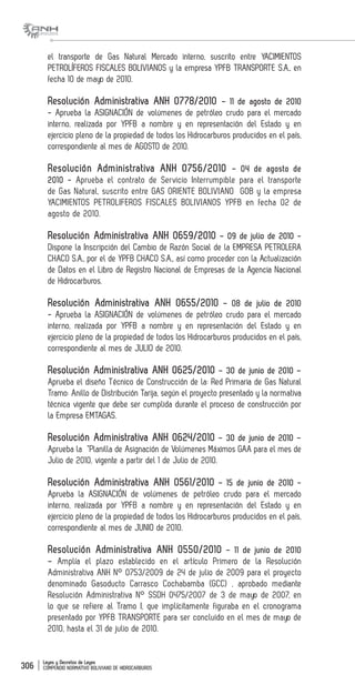 Leyes y Decretos de Leyes
COMPENDIO NORMATIVO BOLIVIANO DE HIDROCARBUROS306
el transporte de Gas Natural Mercado interno, suscrito entre YACIMIENTOS
PETROLÍFEROS FISCALES BOLIVIANOS y la empresa YPFB TRANSPORTE S.A., en
fecha 10 de mayo de 2010.
Resolución Administrativa ANH 0778/2010 – 11 de agosto de 2010
- Aprueba la ASIGNACIÓN de volúmenes de petróleo crudo para el mercado
interno, realizada por YPFB a nombre y en representación del Estado y en
ejercicio pleno de la propiedad de todos los Hidrocarburos producidos en el país,
correspondiente al mes de AGOSTO de 2010.
Resolución Administrativa ANH 0756/2010 – 04 de agosto de
2010 - Aprueba el contrato de Servicio Interrumpible para el transporte
de Gas Natural, suscrito entre GAS ORIENTE BOLIVIANO GOB y la empresa
YACIMIENTOS PETROLIFEROS FISCALES BOLIVIANOS YPFB en fecha 02 de
agosto de 2010.
Resolución Administrativa ANH 0659/2010 – 09 de julio de 2010 -
Dispone la Inscripción del Cambio de Razón Social de la EMPRESA PETROLERA
CHACO S.A., por el de YPFB CHACO S.A., así como proceder con la Actualización
de Datos en el Libro de Registro Nacional de Empresas de la Agencia Nacional
de Hidrocarburos.
Resolución Administrativa ANH 0655/2010 – 08 de julio de 2010
- Aprueba la ASIGNACIÓN de volúmenes de petróleo crudo para el mercado
interno, realizada por YPFB a nombre y en representación del Estado y en
ejercicio pleno de la propiedad de todos los Hidrocarburos producidos en el país,
correspondiente al mes de JULIO de 2010.
Resolución Administrativa ANH 0625/2010 – 30 de junio de 2010 –
Aprueba el diseño Técnico de Construcción de la: Red Primaria de Gas Natural
Tramo: Anillo de Distribución Tarija, según el proyecto presentado y la normativa
técnica vigente que debe ser cumplida durante el proceso de construcción por
la Empresa EMTAGAS.
Resolución Administrativa ANH 0624/2010 – 30 de junio de 2010 –
Aprueba la “Planilla de Asignación de Volúmenes Máximos GAA para el mes de
Julio de 2010, vigente a partir del 1 de Julio de 2010.
Resolución Administrativa ANH 0561/2010 – 15 de junio de 2010 -
Aprueba la ASIGNACIÓN de volúmenes de petróleo crudo para el mercado
interno, realizada por YPFB a nombre y en representación del Estado y en
ejercicio pleno de la propiedad de todos los Hidrocarburos producidos en el país,
correspondiente al mes de JUNIO de 2010.
Resolución Administrativa ANH 0550/2010 – 11 de junio de 2010
– Amplía el plazo establecido en el artículo Primero de la Resolución
Administrativa ANH N° 0753/2009 de 24 de julio de 2009 para el proyecto
denominado Gasoducto Carrasco Cochabamba (GCC) , aprobado mediante
Resolución Administrativa N° SSDH 0475/2007 de 3 de mayo de 2007, en
lo que se refiere al Tramo I, que implícitamente figuraba en el cronograma
presentado por YPFB TRANSPORTE para ser concluido en el mes de mayo de
2010, hasta el 31 de julio de 2010.
 
