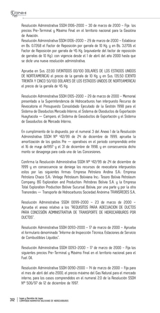 Leyes y Decretos de Leyes
COMPENDIO NORMATIVO BOLIVIANO DE HIDROCARBUROS312
Resolución Administrativa SSDH 0106-2000 – 30 de marzo de 2000 – Fija los
precios Pre-Terminal y Máximo Final en el territorio nacional para la Gasolina
de Aviación.
Resolución Administrativa SSDH 0106-2000 – 29 de marzo de 2000 – Establece
en Bs. 0.7268 el Factor de Reposición por garrafa de 10 Kg. y en Bs. 3.2706 el
Factor de Reposición por garrafa de 45 Kg. (equivalente del factor de reposición
de garrafas de 10 Kg.), con vigencia desde el 1 de abril del año 2000 hasta que
se dicte una nueva resolución administrativa.
Aprueba en $us. 22.00 (VEINTIDOS 00/100 DOLARES DE LOS ESTADOS UNIDOS
DE NORTEAMERICA) el precio de la garrafa de 10 Kg. y en $us. 135.50 (CIENTO
TREINTA Y CINCO 50/100 DOLARES DE LOS ESTADOS UNIDOS DE NORTEAMERICA)
el precio de la garrafa de 45 Kg.
Resolución Administrativa SSDH 0105-2000 – 29 de marzo de 2000 – Memorial
presentado a la Superintendencia de Hidrocarburos han interpuesto Recurso de
Revocatoria el Presupuesto Consolidado Ejecutado de la Gestión 1998 para el
Sistema de Oleoductos Mercado Interno, el Sistema de Oleoductos de Exportación
Huayñacota — Campero, el Sistema de Gasoductos de Exportación y el Sistema
de Gasoductos de Mercado Interno.
En cumplimiento de lo dispuesto, por el numeral 3 del Anexo 1 de la Resolución
Administrativa SSDH N° 412/99 de 24 de diciembre de 1999, aprueba la
amortización de los gastos Pre — operativos en el periodo comprendido entre
el 16 de mayo de1997 y el 31 de diciembre de 1998, y en consecuencia dicho
monto se desagrega para cada una de las Concesiones.
Confirma la Resolución Administrativa SSDH N° 412/99 de 24 de diciembre de
1999 y en consecuencia se deniega los recursos de revocatoria interpuestos
estos por las siguientes firmas: Empresa Petrolera Andina S.A.; Empresa
Petrolera Chaco S.A.; Vintage Petroleum Boliviana Inc.; Tesoro Bolivia Petroleum
Company; BG Exploration and Production; Petrobras Bolivia S.A. y la Empresa
Total Exploration Production Bolivie Sucursal Bolivia, por una parte y por la otra
Transredes — Transporte de Hidrocarburos Sociedad Anónima TRANSREDES S.A..
Resolución Administrativa SSDH 0099-2000 – 23 de marzo de 2000 –
Aprueba el anexo relativo a los “REQUISITOS PARA ADECUACION DE DUCTOS
PARA CONCESIÓN ADMINISTRATIVA DE TRANSPORTE DE HIDROCARBUROS POR
DUCTOS”.
Resolución Administrativa SSDH 0093-2000 – 17 de marzo de 2000 – Aprueba
el formulario denominado “Informe de Inspección Técnica. Estaciones de Servicio
de Combustibles Líquidos”.
Resolución Administrativa SSDH 0093-2000 – 17 de marzo de 2000 – Fija los
siguientes precios Pre-Terminal y Máximo Final en el territorio nacional para el
Fuel Oíl.
Resolución Administrativa SSDH 0090-2000 – 14 de marzo de 2000 – Fija para
el mes de abril del año 2000, el precio máximo del Gas Natural para el mercado
interno, para los casos comprendidos en el numeral 2.0 de la Resolución SSDH
N° 506/97 de 12 de diciembre de 1997.
 