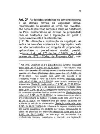 10

Art. 2o As florestas existentes no território nacional
e as demais formas de vegetação nativa,
reconhecidas de utilidade às terras que revestem,
são bens de interesse comum a todos os habitantes
do País, exercendo-se os direitos de propriedade
com as limitações que a legislação em geral e
especialmente esta Lei estabelecem.
§ 1o Na utilização e exploração da vegetação, as
ações ou omissões contrárias às disposições desta
Lei são consideradas uso irregular da propriedade,
aplicando-se o procedimento sumário previsto
no inciso II do art. 275 da Lei n o 5.869, de 11 de
janeiro de 1973 - Código de Processo Civil1, sem
1

Art. 275. Observar-se-á o procedimento sumário: (Redação
dada pela Lei nº 9.245, de 26.12.1995) I - nas causas, cujo
valor não exceder 20 (vinte) vezes o maior salário mínimo
vigente no País; (Redação dada pela Lei nº 5.925, de
1º.10.1973)I - nas causas cujo valor não exceda a 60
(sessenta) vezes o valor do salário mínimo; (Redação dada
pela Lei nº 10.444, de 7.5.2002)II - nas causas, qualquer que
seja o valor (Redação dada pela Lei nº 9.245, de 26.12.1995)a)
de arrendamento rural e de parceria agrícola; (Redação dada
pela Lei nº 9.245, de 26.12.1995)b) de cobrança ao condômino
de quaisquer quantias devidas ao condomínio; (Redação dada
pela Lei nº 9.245, de 26.12.1995)c) de ressarcimento por danos
em prédio urbano ou rústico; (Redação dada pela Lei nº 9.245,
de 26.12.1995)d) de ressarcimento por danos causados em
acidente de veículo de via terrestre; (Redação dada pela Lei nº
9.245, de 26.12.1995)e) de cobrança de seguro, relativamente
aos danos causados em acidente de veículo, ressalvados os
casos de processo de execução; (Redação dada pela Lei nº
9.245, de 26.12.1995)f) de cobrança de honorários dos
profissionais liberais, ressalvado o disposto em legislação

 
