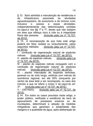 132

§ 12. Será admitida a manutenção de residências e
da
infraestrutura
associada
às
atividades
agrossilvipastoris, de ecoturismo e de turismo rural,
inclusive
o
acesso
a
essas
atividades,
independentemente das determinações contidas
no caput e nos §§ 1o a 7o, desde que não estejam
em área que ofereça risco à vida ou à integridade
física das pessoas.
(Incluído pela Lei nº 12.727,
de 2012).
§ 13. A recomposição de que trata este artigo
poderá ser feita, isolada ou conjuntamente, pelos
seguintes métodos:
(Incluído pela Lei nº 12.727,
de 2012).
I - condução de regeneração natural de espécies
nativas;
(Incluído pela Lei nº 12.727, de 2012).
II - plantio de espécies nativas;
(Incluído pela Lei
nº 12.727, de 2012).
III - plantio de espécies nativas conjugado com a
condução da regeneração natural de espécies
nativas;
(Incluído pela Lei nº 12.727, de 2012).
IV - plantio intercalado de espécies lenhosas,
perenes ou de ciclo longo, exóticas com nativas de
ocorrência regional, em até 50% (cinquenta por
cento) da área total a ser recomposta, no caso dos
imóveis a que se refere o inciso V do caput do art.
3o;
(Incluído pela Lei nº 12.727, de 2012).
V - (VETADO).
(Incluído pela Lei nº 12.727, de
2012).
§ 14. Em todos os casos previstos neste artigo, o
poder público, verificada a existência de risco de
agravamento de processos erosivos ou de
inundações, determinará a adoção de medidas
mitigadoras que garantam a estabilidade das
margens e a qualidade da água, após deliberação do

 