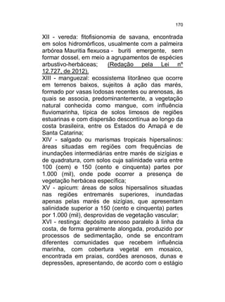 170

XII - vereda: fitofisionomia de savana, encontrada
em solos hidromórficos, usualmente com a palmeira
arbórea Mauritia flexuosa - buriti emergente, sem
formar dossel, em meio a agrupamentos de espécies
arbustivo-herbáceas;
(Redação pela Lei nº
12.727, de 2012).
XIII - manguezal: ecossistema litorâneo que ocorre
em terrenos baixos, sujeitos à ação das marés,
formado por vasas lodosas recentes ou arenosas, às
quais se associa, predominantemente, a vegetação
natural conhecida como mangue, com influência
fluviomarinha, típica de solos limosos de regiões
estuarinas e com dispersão descontínua ao longo da
costa brasileira, entre os Estados do Amapá e de
Santa Catarina;
XIV - salgado ou marismas tropicais hipersalinos:
áreas situadas em regiões com frequências de
inundações intermediárias entre marés de sizígias e
de quadratura, com solos cuja salinidade varia entre
100 (cem) e 150 (cento e cinquenta) partes por
1.000 (mil), onde pode ocorrer a presença de
vegetação herbácea específica;
XV - apicum: áreas de solos hipersalinos situadas
nas regiões entremarés superiores, inundadas
apenas pelas marés de sizígias, que apresentam
salinidade superior a 150 (cento e cinquenta) partes
por 1.000 (mil), desprovidas de vegetação vascular;
XVI - restinga: depósito arenoso paralelo à linha da
costa, de forma geralmente alongada, produzido por
processos de sedimentação, onde se encontram
diferentes comunidades que recebem influência
marinha, com cobertura vegetal em mosaico,
encontrada em praias, cordões arenosos, dunas e
depressões, apresentando, de acordo com o estágio

 
