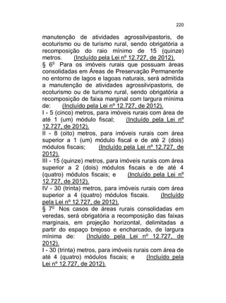 220

manutenção de atividades agrossilvipastoris, de
ecoturismo ou de turismo rural, sendo obrigatória a
recomposição do raio mínimo de 15 (quinze)
metros.
(Incluído pela Lei nº 12.727, de 2012).
o
§ 6 Para os imóveis rurais que possuam áreas
consolidadas em Áreas de Preservação Permanente
no entorno de lagos e lagoas naturais, será admitida
a manutenção de atividades agrossilvipastoris, de
ecoturismo ou de turismo rural, sendo obrigatória a
recomposição de faixa marginal com largura mínima
de:
(Incluído pela Lei nº 12.727, de 2012).
I - 5 (cinco) metros, para imóveis rurais com área de
até 1 (um) módulo fiscal;
(Incluído pela Lei nº
12.727, de 2012).
II - 8 (oito) metros, para imóveis rurais com área
superior a 1 (um) módulo fiscal e de até 2 (dois)
módulos fiscais;
(Incluído pela Lei nº 12.727, de
2012).
III - 15 (quinze) metros, para imóveis rurais com área
superior a 2 (dois) módulos fiscais e de até 4
(quatro) módulos fiscais; e
(Incluído pela Lei nº
12.727, de 2012).
IV - 30 (trinta) metros, para imóveis rurais com área
superior a 4 (quatro) módulos fiscais.
(Incluído
pela Lei nº 12.727, de 2012).
§ 7o Nos casos de áreas rurais consolidadas em
veredas, será obrigatória a recomposição das faixas
marginais, em projeção horizontal, delimitadas a
partir do espaço brejoso e encharcado, de largura
mínima de:
(Incluído pela Lei nº 12.727, de
2012).
I - 30 (trinta) metros, para imóveis rurais com área de
até 4 (quatro) módulos fiscais; e
(Incluído pela
Lei nº 12.727, de 2012).

 
