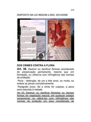 270

DISPOSTO NA LEI 9605/98 e DEC. 6514/2008

DOS CRIMES CONTRA A FLORA

Art. 38. Destruir ou danificar floresta considerada
de preservação permanente, mesmo que em
formação, ou utilizá-la com infringência das normas
de proteção:
Pena - detenção, de um a três anos, ou multa, ou
ambas as penas cumulativamente.
Parágrafo único. Se o crime for culposo, a pena
será reduzida à metade.
Art. 43. Destruir ou danificar florestas ou demais
formas de vegetação natural, em qualquer estágio
sucessional, ou utilizá-las com infringência das
normas de proteção em área considerada de

 
