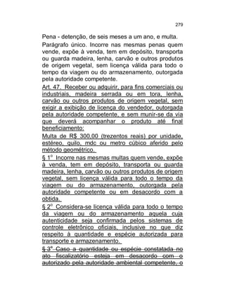 279

Pena - detenção, de seis meses a um ano, e multa.
Parágrafo único. Incorre nas mesmas penas quem
vende, expõe à venda, tem em depósito, transporta
ou guarda madeira, lenha, carvão e outros produtos
de origem vegetal, sem licença válida para todo o
tempo da viagem ou do armazenamento, outorgada
pela autoridade competente.
Art. 47. Receber ou adquirir, para fins comerciais ou
industriais, madeira serrada ou em tora, lenha,
carvão ou outros produtos de origem vegetal, sem
exigir a exibição de licença do vendedor, outorgada
pela autoridade competente, e sem munir-se da via
que deverá acompanhar o produto até final
beneficiamento:
Multa de R$ 300,00 (trezentos reais) por unidade,
estéreo, quilo, mdc ou metro cúbico aferido pelo
método geométrico.
§ 1o Incorre nas mesmas multas quem vende, expõe
à venda, tem em depósito, transporta ou guarda
madeira, lenha, carvão ou outros produtos de origem
vegetal, sem licença válida para todo o tempo da
viagem ou do armazenamento, outorgada pela
autoridade competente ou em desacordo com a
obtida.
§ 2o Considera-se licença válida para todo o tempo
da viagem ou do armazenamento aquela cuja
autenticidade seja confirmada pelos sistemas de
controle eletrônico oficiais, inclusive no que diz
respeito à quantidade e espécie autorizada para
transporte e armazenamento.
§ 3o Caso a quantidade ou espécie constatada no
ato fiscalizatório esteja em desacordo com o
autorizado pela autoridade ambiental competente, o

 