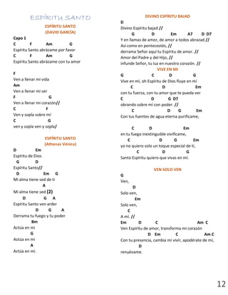 12
ESPÍRITU SANTO
ESPÍRITU SANTO
(DAVID GARCÍA)
Capo 1
C F Am G
Espíritu Santo abrázame por favor
C F Am G
Espíritu Santo abrázame con tu amor
F
Ven a llenar mi vida
Am
Ven a llenar mi ser
F G
Ven a llenar mi corazón//
C F
Ven y sopla sobre mí
C G
ven y sopla ven y sopla/
ESPÍRITU SANTO
(Athenas Vénica)
D Em
Espíritu de Dios
G D
Espíritu Santo//
D Em G
Mi alma tiene sed de ti
A
Mi alma tiene sed (2)
D G A
Espíritu Santo ven arder
D G A
Derrama tu fuego y tu poder
Bm
Actúa en mi
G
Actúa en mi
A
Actúa en mí.
DIVINO ESPÍRITU BAJAD
D
Divino Espíritu bajad //
G D Em A7 D D7
Y en llamas de amor, de amor a todos abrazad //
Así como en pentecostés, //
derrama Señor aquí tu Espíritu de amor. //
Amor del Padre y del Hijo, //
infunde Señor, tu luz en nuestro corazón. //
VIVE EN MI
G C D G
Vive en mí, oh Espíritu de Dios fluye en mí
C D Em
con tu fuerza, con tu amor que te pueda ver
C D G D7
obrando sobre mí con poder. //
C D G Em
Con tus fuentes de agua eterna purifícame,
C D Em
en tu fuego inextinguible vivifícame,
C D G Em
yo no quiero solo un toque especial de ti,
C D G
Santo Espíritu quiero que vivas en mí.
VEN SOLO VEN
G
Ven,
D
Solo ven,
Em
Solo ven,
C
A mí. //
Em D C Am C
Ven Espíritu de amor, transforma mi corazón
D Em C Am C
Con tu presencia, cambia mi vivir, apodérate de mí,
D
renuévame.
 