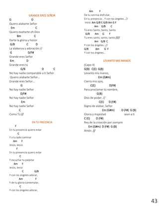 43
GRANDE ERES SEÑOR
G D
Quiero alabarte Señor
Em C
Quiero exaltarte oh Dios
Bm C
Darte la gloria y honor
G/B C D
La alabanza y adoración //
G D/F#
Grande eres Señor
Em D
Grande eres tú
G/B D C
No hay nadie comparable a ti Señor
Quiero alabarte Señor…
Grande eres Señor…
G
No hay nadie Señor
D/F#
No hay nadie Señor
Em
No hay nadie Señor
C
Como Tú //
EN TU PRECENCIA
F
En tu presencia quiero estar
C
Y a tu lado caminar
Am F
Jesús, Jesús
F
En tu presencia quiero estar
C
Y escuchar tu palpitar
Am F
Jesús, Jesús
C G/B
Y con los ángeles adorar,
Am F
Y de tu gloria contemplar,
C
Y con los ángeles adorar,
Am F
De tu sonrisa disfrutar,
En tu presencia… Y con los ángeles…//
Intro: Am G/B C G/B Am G F
Am G/B C
Tú eres Santo, Santo, Santo
G/B Am G F
Tu eres santo, santo, santo ////
Am G/B C
Y con los ángeles…//
G/B Am G F
Y con los ángeles…
LEVANTO MIS MANOS
(Capo 4)
G(B) C(E) G(B)
Levanto mis manos,
Em (G#m)
Cierro mis ojos,
C(E) D(F#)
Para proclamar tú nombre,
G(B)
Dios de poder. //
C(E) D (F#)
Digno de alabar, Señor
Em (G#m) D (F#) G (B)
Gloria y majestad sean a ti
C (E) D (F#)
Rey de la creación por siempre
Em (G#m) D (F#) G (B)
Amén. //
 