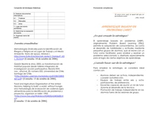 Compendio de Estrategias Didácticas                    Promoviendo competencias


6. Elaborar documentos                                                            "El único error real, es aquel del que no
informativos                                                                      aprendemos nada."
                                                                                                                John Powell
6.1    Trípticos
6.2    Manuales
6.3    otros
7. Lugar del evento                                              APRENDIZAJE BASADO EN
(ambiente)
8. Determinar la evaluación
                                                                    PROBLEMAS (ABP)
del evento
9. Organizar cierre del                                ¿En qué consiste la estrategia?
evento

                                                       El aprendizaje basado en problemas [(ABP),
Fuentes consultadas:                                   originalmente: Problem Based Learning (PBL)]
                                                       permite la adquisición de conocimientos, así como
Metodologías Sindicales para la Identificación de      el desarrollo de habilidades y actitudes mediante
Riesgos y Peligros en el Lugar de Trabajo y el Medio   pequeños grupos de alumnos, que se reúne con un
Ambiente, Texto de apoyo, Módulo I.                    tutor como facilitador, para analizar y resolver un
http://www.itcilo.it/actrav/osh_es/es1/_frames/F_UD    problema seleccionado o diseñado especialmente
1_TX.html> [Consulta: 18 de octubre de 2006].          para el logro de ciertos objetivos de aprendizaje.

                                                       ¿Cuándo hacer uso de la estrategia?
Garzón Beatriz & otros. 2005. La transformación de
Habitad popular desde talleres integrados de
investigación acción participativa. Revista INVI,      Para emplear la estrategia, se considera ideal
nov., año/vol. 20, número 055. Universidad de Chile.   contar con:
Santiago de Chile.
<http://redalyc.uaemex.mx/redalyc/pdf/258/25805            -   Alumnos deben ser activos, independientes
                                                               y poseer autodirección.
507.pdf> [Consulta: 13 de octubre de 2006].
                                                           -   Equipos de trabajo entre seis y ocho
                                                               participantes, de preferencia.
Food and Agricultura Organization of the United
                                                           -   Docentes capaces de asumir un rol de tutor
Nacions, Helping to build a world without hunger.
                                                               durante el desarrollo de la técnica.
Una metodología de evaluación de cadenas agra
                                                           -   Promoción de trabajo independiente en los
alimenticias para la identificación de problemas y
                                                               alumnos fuera de las sesiones de grupo.
proyectos, organizar un taller: 1993.
<http://www.fao.org/Wairdocs/X5405S/x5405s08.ht
m>
[Consulta: 13 de octubre de 2006].
 