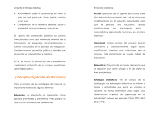 Compendio de Estrategias Didácticas                    Promoviendo competencias


•    Autorreflexión sobre el aprendizaje en torno al   Acción: operación de un agente (educador) sobre
     qué, por qué, para qué, cómo, dónde, cuándo       otro (educando) por medio del cual se introducen
     y con qué.                                        modificaciones en el segundo (educando); para
•    Comprensión de la realidad personal, social y     que     el     proceso       sea    educativo,      dichas
     ambiental, de sus problemas y soluciones.         modificaciones         son     únicamente        en las
                                                       características plenamente humanas, en el plano
El   diseño del compendio presenta los criterios       espiritual.
mencionados como una referencia; además de la
formulación de preguntas, recomendaciones y            Intencional: ambos actores del proceso buscan
fuentes consultadas en el proceso de indagación.       consciente      y   consistentemente      lograr    dicha
También muestra pequeños gráficos y detalles que       modificación, mientras más intencional sea el
le permite ser más ilustrativo y práctico.             proceso, más plenamente se puede hablar de
                                                       educación.
En sí, se busca la promoción de competencias
mediante la activación de un proceso enseñanza-        Sistemática: Conjunto de acciones, elementos que
aprendizaje activo.                                    se disponen con cierto arreglo a fin de lograr los
                                                       fines establecidos.

Conceptualización de términos
                                                       Estrategias    Didácticas:    “En   el   campo     de     la

Para el empleo de las estrategias del manual, es       pedagogía, las estrategias didácticas se refieren a

importante tener claro algunos términos:               tareas y actividades que pone en marcha el
                                                       docente de forma sistemática para lograr unos

Educación: La educación se caracteriza como            determinados objetivos de aprendizaje en los

proceso (Fernández y Sarramona, 1980) porque es        estudiantes”. (véase, por ejemplo, Pérez, 1995; Rlich

una acción, es intencional y sistematiza.              et al, 1994)
 