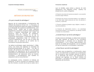 Compendio de Estrategias Didácticas                                    Promoviendo competencias


                                                                       que es familiar, para instruir y educar. En esta
                     "El hombre, es la medida de todas las cosas."     perspectiva, W.H. Kilpatrick (1918) clasifica los
                                                          Protágoras   proyectos en cuatro categorías:

                                                                       a) Proyectos de producción (producers projects), cuyo propósito
            MÉTODO DE PROYECTOS                                        es producir algún artefacto.


                                                                       b) Proyectos de consumo (consumers projects), cuyo objetivo es
¿En qué consiste la estrategia?                                        el de utilizar algún objeto producido por otros, de aprender a
                                                                       evaluarlo y a apreciarlo.

Algunos de los antecedentes y fundamentos del
                                                                       c) Proyectos problemas (problems type), dirigidos a enseñar, a
método de proyectos inician con J.J. Rousseau, al
                                                                       solucionar problemas.
mostrar el importante papel que juega el ambiente
en el desarrollo de la persona; posteriormente, John
Dewey (1910)       probó que al estar utilizando                       d) Proyectos de mejoramiento técnico y de aprendizaje
experiencias concretas, el alumno daba respuestas                      (achievement projects), cuyo propósito es, por ejemplo, enseñar
activas y lograba aprendizaje por medio de                             a manejar una computadora.

proyectos para la solución de problemas;
Montessori (1912-1917) planteó el rol de la                            ¿Cuándo hacer uso de la estrategia?
maduración espontánea; y Claparede postula una
pedagogía pragmática bajo el nombre de                                 Al seleccionar la estrategia, se debe tener presente
"vivencia experimental". De ahí que se parte del                       que este método se aboca a los conceptos
principio que la persona es el centro de la                            fundamentales y principios de la disciplina del
actividad en el proceso educativo.                                     conocimiento, y no a temas seleccionados con
                                                                       base en el interés del estudiante o en la facilidad
 Se define la estrategia, según Hernández F. (1986),                   en que se traducirían a actividades o resultados.
como "una forma de organizar la actividad de
enseñanza/aprendizaje en la clase ... Por ello, la                     ¿Cómo hacer uso de la estrategia?
función del proyecto de trabajo es la de crear
estrategias de organización de los conocimientos                       Los pasos que se presentan a continuación, sirven
basándose en el tratamiento de la información y el                     como una orientación al maestro en la planeación
establecimiento de relaciones entre los hechos,                        de un proyecto, pero también orientan al alumno
conceptos y procedimientos que facilitan la                            en el desarrollo del mismo. Esta planeación es
adquisición de los conocimientos".                                     utilizada, por ejemplo, en el “Back Institute for
                                                                       Education” y el Instituto Tecnológico y de Estudios
La pedagogía activa, inherente al método de                            Superiores de Monterrey.
proyectos, va de lo concreto a lo abstracto. Dicho
de otra manera, se parte de lo que se sabe, de lo
 