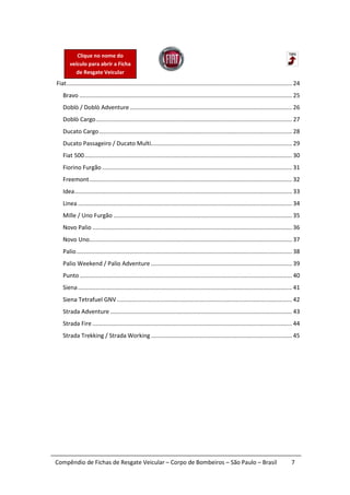 Clique no nome do
        veículo para abrir a Ficha
           de Resgate Veicular
Fiat ........................................................................................................................................... 24
   Bravo ................................................................................................................................... 25
   Doblò / Doblò Adventure .................................................................................................... 26
   Doblò Cargo ......................................................................................................................... 27
   Ducato Cargo ....................................................................................................................... 28
   Ducato Passageiro / Ducato Multi....................................................................................... 29
   Fiat 500 ................................................................................................................................ 30
   Fiorino Furgão ..................................................................................................................... 31
   Freemont ............................................................................................................................. 32
   Idea ...................................................................................................................................... 33
   Linea .................................................................................................................................... 34
   Mille / Uno Furgão .............................................................................................................. 35
   Novo Palio ........................................................................................................................... 36
   Novo Uno............................................................................................................................. 37
   Palio ..................................................................................................................................... 38
   Palio Weekend / Palio Adventure ....................................................................................... 39
   Punto ................................................................................................................................... 40
   Siena .................................................................................................................................... 41
   Siena Tetrafuel GNV ............................................................................................................ 42
   Strada Adventure ................................................................................................................ 43
   Strada Fire ........................................................................................................................... 44
   Strada Trekking / Strada Working ....................................................................................... 45




Compêndio de Fichas de Resgate Veicular – Corpo de Bombeiros – São Paulo – Brasil                                                            7
 