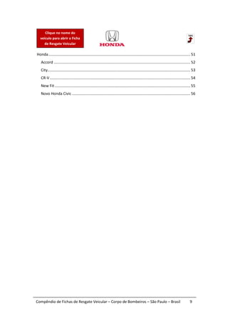 Clique no nome do
   veículo para abrir a Ficha
      de Resgate Veicular

Honda ...................................................................................................................................... 51
   Accord ................................................................................................................................. 52
   City....................................................................................................................................... 53
   CR-V ..................................................................................................................................... 54
   New Fit ................................................................................................................................ 55
   Novo Honda Civic ................................................................................................................ 56




Compêndio de Fichas de Resgate Veicular – Corpo de Bombeiros – São Paulo – Brasil                                                           9
 