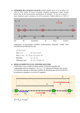 5. NÚMEROS DE GALILEO GALILEI. Galileo Galilei nació el 15 de febrero de
1564 en Pisa, Italia. El inicio el método científico experimental. Isaac Newton
utilizó una de las descripciones matemáticas de Galileo, “la ley de la Inercia”,
como fundación para su primera ley del movimiento. Galileo falleció en 1642, el
año de nacimiento de Isaac Newton.
Analicemos el movimiento rectilíneo uniformemente acelerado, cuando tiene
velocidad inicial diferente de cero.
2
1
0 2
. .
d V t a t
= +
Para. t = n 2
1
1 0 2
. .
d V n a n
= +
Para. t = n-1 2
1
2 0 2
.( 1) .( 1)
d V n a n
= − + −
Restando: 1 2
n
d d d
= −
Obtenemos que: 1
0 2 .(2 1)
n
d V a n
= + −
6. DESPLAZAMIENTO EN EL ENÉSIMO SEGUNDO
Analicemos el caso, cuando el cuerpo acelera. El enésimo segundo está
comprendido entre los instantes t = n-1 y t = n. Entonces la distancia que recorre
en el enésimo segundo se determina restando, las distancias que recorre el móvil en
los primeros n segundos y en los (n-1) segundos.
2
1
0 2
. .
d V t a t
= +
V0
t = 0
t = n
t = n-1
d1
d2 dn
a
3K 5K
a
K
V0 = 0
t = 0 t = 2 s
t = 1 s t = 3 s
 