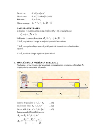 Para. t = n: 2
1
1 0 2
. .
d V n a n
= +
Para. t = n-1: 2
1
2 0 2
.( 1) .( 1)
d V n a n
= − + −
Restando: 1 2
n
d d d
= −
Obtenemos que:
1
0 2 .(2 1)
n
d V a n
= + −
CASOS PARTICULARES
a) Cuando el cuerpo acelera desde el reposo ( )
0 0
V = , se cumple que:
1
2 .(2 1)
n
d a n
= −
b) Cuando el cuerpo desacelera: 1
0 2 .(2 1)
n
d V a n
= − −
* Si dn es positivo el cuerpo se aleja del punto de lanzamiento.
* Si dn es negativo el cuerpo se aleja del punto de lanzamiento en la dirección
opuesta.
* Si dn es cero el cuerpo regresa al punto inicial.
7. POSICIÓN DE LA PARTÍCULA EN EL EJE X
Analizamos el movimiento de la partícula con aceleración constante, sobre el eje X,
respecto de un sistema de referencia.
Cambio de posición: 0
F
d X X
= − … (1)
La posición final: 0
F
X X d
= + … (2)
Para el M.R.U.V.:
2
1
0 2
. .
d V t a t
= + … (3)
Reemplazando (3) en (2) tenemos:
2
1
0 0 2
. .
F
X X V t a t
= + +
0 1 2
0 0
. . .
0! 1! 2!
F
X t V t a t
X = + +
X
X0 XF
d
Y
 