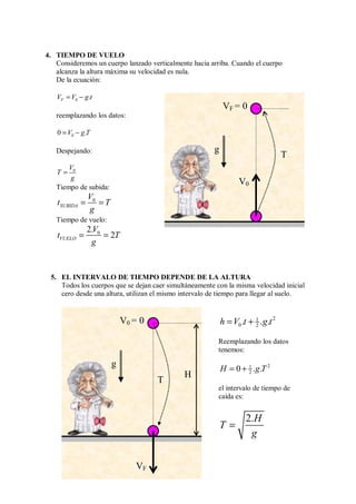 4. TIEMPO DE VUELO
Consideremos un cuerpo lanzado verticalmente hacia arriba. Cuando el cuerpo
alcanza la altura máxima su velocidad es nula.
De la ecuación:
0 .
F
V V g t
= −
reemplazando los datos:
0
0 .
V g T
= −
Despejando:
0
V
T
g
=
Tiempo de subida:
0
SUBIDA
V
t T
g
= =
Tiempo de vuelo:
0
2.
2
VUELO
V
t T
g
= =
5. EL INTERVALO DE TIEMPO DEPENDE DE LA ALTURA
Todos los cuerpos que se dejan caer simultáneamente con la misma velocidad inicial
cero desde una altura, utilizan el mismo intervalo de tiempo para llegar al suelo.
2
1
0 2
. . .
h V t g t
= +
Reemplazando los datos
tenemos:
2
1
2
0 . .
H g T
= +
el intervalo de tiempo de
caída es:
2.H
T
g
=
VF = 0
T
V0
g
V0 = 0
H
VF
g
T
 