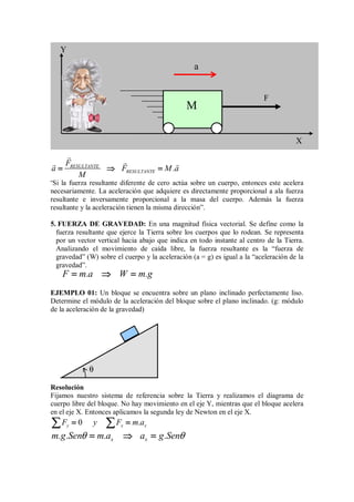 RESULTANTE
RESULTANTE
F
a F M .a
M
=
=
=
= ⇒
⇒
⇒
⇒ =
=
=
=


 
”Si la fuerza resultante diferente de cero actúa sobre un cuerpo, entonces este acelera
necesariamente. La aceleración que adquiere es directamente proporcional a ala fuerza
resultante e inversamente proporcional a la masa del cuerpo. Además la fuerza
resultante y la aceleración tienen la misma dirección”.
5. FUERZA DE GRAVEDAD: En una magnitud física vectorial. Se define como la
fuerza resultante que ejerce la Tierra sobre los cuerpos que lo rodean. Se representa
por un vector vertical hacia abajo que indica en todo instante al centro de la Tierra.
Analizando el movimiento de caída libre, la fuerza resultante es la “fuerza de
gravedad” (W) sobre el cuerpo y la aceleración (a = g) es igual a la “aceleración de la
gravedad”.
F m.a W m.g
=
=
=
= ⇒
⇒
⇒
⇒ =
=
=
=
EJEMPLO 01: Un bloque se encuentra sobre un plano inclinado perfectamente liso.
Determine el módulo de la aceleración del bloque sobre el plano inclinado. (g: módulo
de la aceleración de la gravedad)
Resolución
Fijamos nuestro sistema de referencia sobre la Tierra y realizamos el diagrama de
cuerpo libre del bloque. No hay movimiento en el eje Y, mientras que el bloque acelera
en el eje X. Entonces aplicamos la segunda ley de Newton en el eje X.
0
y x x
F y F m.a
= =
= =
= =
= =
∑ ∑
∑ ∑
∑ ∑
∑ ∑
x x
m.g.Sen m.a a g.Sen
θ θ
=
=
=
= ⇒
⇒
⇒
⇒ =
=
=
=
F
a
M
X
Y
θ
 