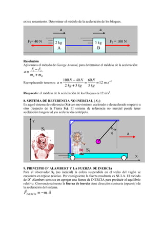 existe rozamiento. Determinar el módulo de la aceleración de los bloques.
Resolución
Aplicamos el método de George Atwood, para determinar el módulo de la aceleración:
1 2
A B
F F
a
m m
−
−
−
−
=
=
=
=
+
+
+
+
Reemplazando tenemos:
2
100 40 60
12
2 3 5
N N N
a m.s
kg kg kg
−
−
−
−
−
−
−
−
= = =
= = =
= = =
= = =
+
+
+
+
Respuesta: el módulo de la aceleración de los bloques es 12 m/s2
.
8. SISTEMA DE REFERENCIA NO INERCIAL ( S2 )
Es aquel sistema de referencia (S2) con movimiento acelerado o desacelerado respecto a
otro (respecto de la Tierra S1). El sistema de referencia no inercial puede tener
aceleración tangencial y/o aceleración centrípeta.
9. PRINCIPIO D’ ALAMBERT Y LA FUERZA DE INERCIA
Para el observador S2 (no inercial) la esfera suspendida en el techo del vagón se
encuentra en reposo relativo. Por consiguiente la fuerza resultante es NULA. El método
de D’ Alambert consiste en agregar una fuerza de INERCIA para producir el equilibrio
relativo. Convencionalmente la fuerza de inercia tiene dirección contraria (opuesto) de
la aceleración del sistema.
INERCIA
F m.a
= −
= −
= −
= −
 
F1= 40 N 3 kg
2 kg
A
F2 = 100 N
a
B
a
X
Y
S1
θ
S2
a
 