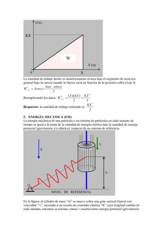 La cantidad de trabajo hecho es numéricamente al área bajo el segmento de recta (en
general bajo la curva) cuando la fuerza varía en función de la posición sobre el eje X.
.
2
F
i f
base altura
W Area△
→ = =
Reemplazando los datos:
2
( )( )
2 2
F
i f
X KX KX
W→ = =
Respuesta: la cantidad de trabajo realizado es
2
2
KX
5. ENERGÍA MECÁNICA (EM)
La energía mecánica de una partícula o un sistema de partículas en cada instante de
tiempo es igual a la suma de la cantidad de energía cinética más la cantidad de energía
potencial (gravitatoria y/o elástica), respecto de un sistema de referencia.
En la figura, el cilindro de masa “m” se mueve sobre una guía vertical (barra) con
velocidad “v”, asociado a un resorte de constante elástica “K” cuya longitud cambia en
cada instante, entonces el sistema (masa + resorte) tiene energía potencial (gravitatoria
X (m)
F(N)
X
KX
0
W
V
h
O
g
NIVEL DE REFERENCIA
 