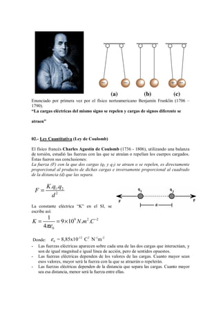 Enunciado por primera vez por el físico norteamericano Benjamín Franklin (1706 –
1790).
“La cargas eléctricas del mismo signo se repelen y cargas de signos diferente se
atraen”
02.- Ley Cuantitativa (Ley de Coulomb)
El físico francés Charles Agustín de Coulomb (1736 - 1806), utilizando una balanza
de torsión, estudió las fuerzas con las que se atraían o repelían los cuerpos cargados.
Éstas fueron sus conclusiones:
La fuerza (F) con la que dos cargas (q1 y q2) se atraen o se repelen, es directamente
proporcional al producto de dichas cargas e inversamente proporcional al cuadrado
de la distancia (d) que las separa.
1 2
2
. .
K q q
F
d
=
La constante eléctrica “K” en el SI, se
escribe así:
9 2 2
0
1
9 10 . .
4
K N m C
πε
−
= = ×
Donde:
-12 2 -1 -2
0 = 8,85x10 C N m
ε
- Las fuerzas eléctricas aparecen sobre cada una de las dos cargas que interactúan, y
son de igual magnitud e igual línea de acción, pero de sentidos opuestos.
- Las fuerzas eléctricas dependen de los valores de las cargas. Cuanto mayor sean
esos valores, mayor será la fuerza con la que se atraerán o repelerán.
- Las fuerzas eléctricas dependen de la distancia que separa las cargas. Cuanto mayor
sea esa distancia, menor será la fuerza entre ellas.
 