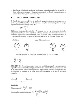 - Las fuerzas eléctricas dependen del medio en el que están situadas las cargas. No es
igual la fuerza existente entre dos cargas cuando están en el vacío que cuando están en
otro medio material, como el aceite o el agua.
4. ELECTRIZACIÓN DE LOS CUERPOS
I) Cuando dos cuerpos esféricos de igual radio cargados con q1 y q2 son puestos en
contacto, se establece un flujo de electrones; al final, las esferas se reparten las cargas
equitativamente cada uno con carga “Q”.
1 2
2
q q
Q
+
=
II) Cuando dos esferas de radios R1 y R2 cargadas con q1 y q2 entran en contacto, las
cargas se redistribuyen en las superficies esféricas en forma proporcional al cuadrado de
los radios respectivos, conservándose la carga total. Si la carga final en cada esfera es
Q1 y Q2 respectivamente, del principio de conservación de las cargas se cumple que:
Al inicio.... Luego del contacto.........
Principio de conservación de las cargas eléctricas: q1 + q2 = Q1 + Q2
1 2
2 2
1 2
Q Q
R R
=
EJEMPLO 01: Dos partículas electrizadas con cantidad de carga Q y q se encuentran
separadas una distancia “d”, se repelen mutuamente con una fuerza de de módulo 100
N. Si duplicamos la cantidad de carga de una, triplicamos la cantidad de carga de la otra
y reducimos la distancia a la mitad, determine el módulo de la nueva fuerza de
repulsión.
F F
Q
d
q
+ +
Resolución
Sabemos que: 2
. .
100
K q Q
F N
d
= =
La nueva fuerza de repulsión es: 1 2 2
(2 )(3 )
24
2
K q Q KqQ
F
d
d
= =
 
 
 
 